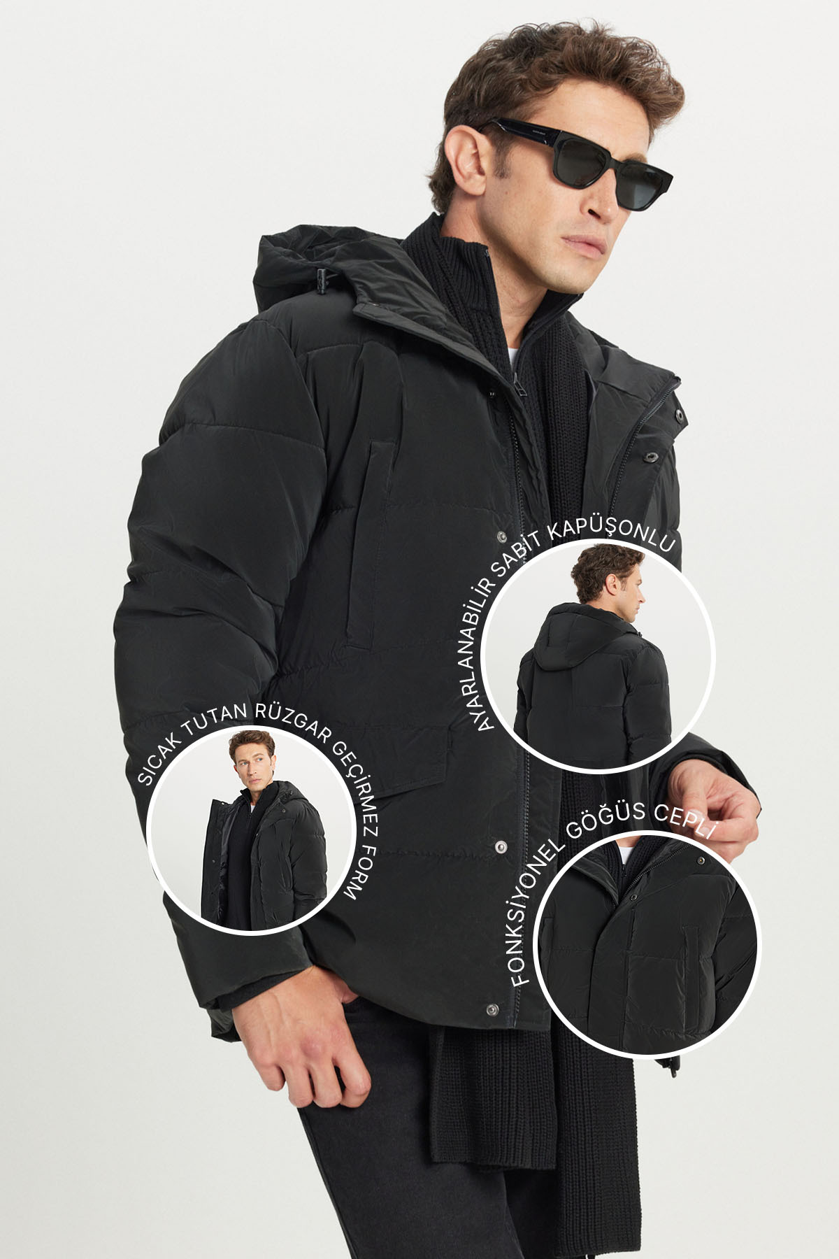 AC&Co / Altınyıldız Classics Erkek Siyah Soğuk Geçirmez Dolgulu Mont Kaban Standart Fit Dik Yaka Kapüşonlu Kapak Cepli — مشکی ETE007261053