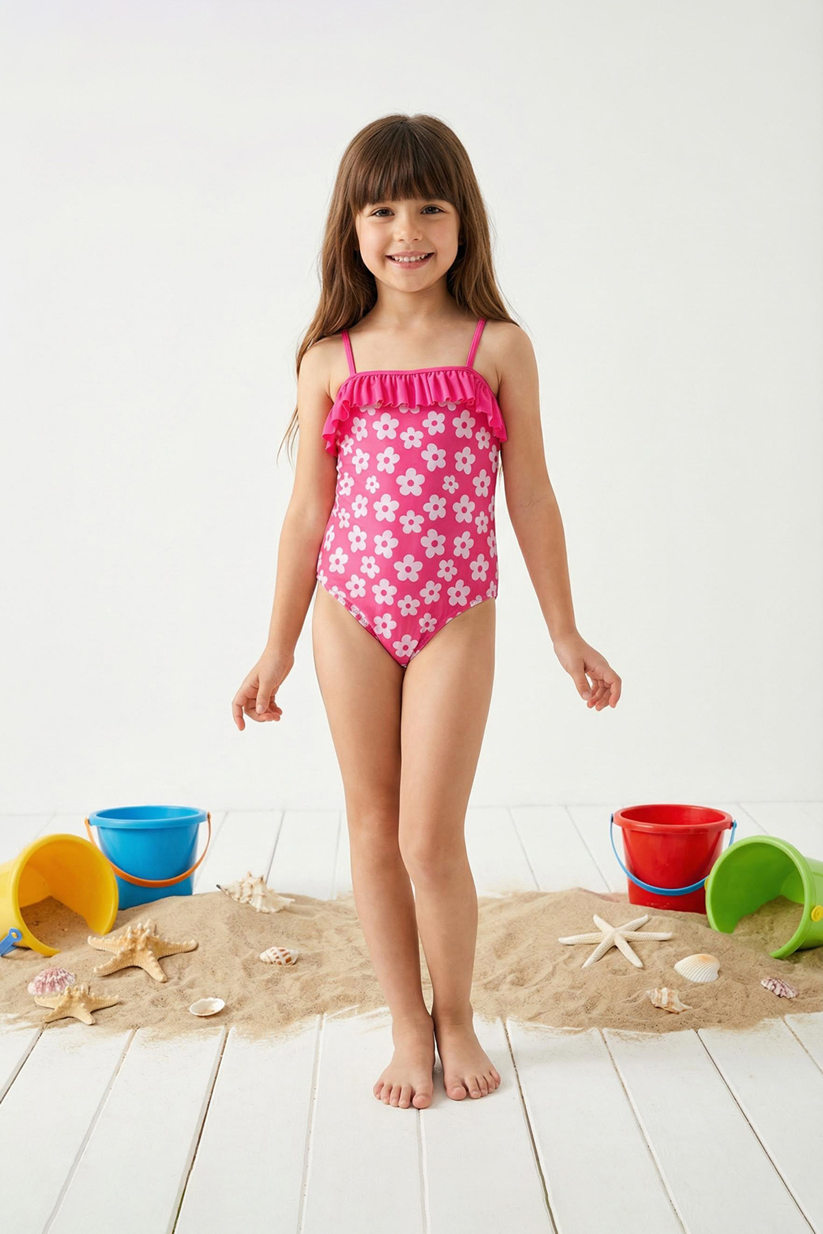 Trendyolmilla Kids Pembe Kız Çocuk Fırfırlı Çiçekli Askılı Mayo