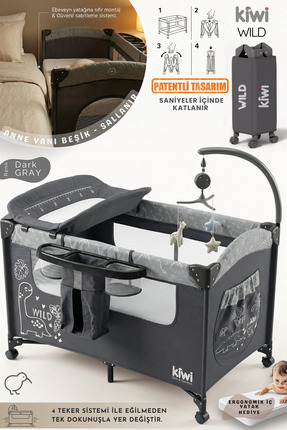 Kiwi WildNest 3in1 Anne Yanı Park Yatak Katlanır Beşik, Tekerlekli, Yan Açılı...