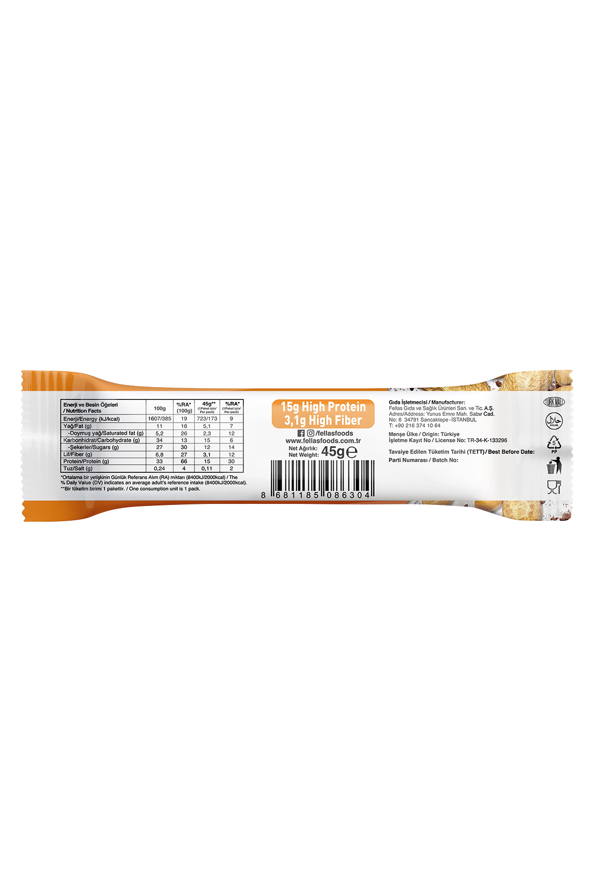Yüksek Protein Bar - Yer Fıstıklı ve Kakaolu (45 g) x 12 Adet 8