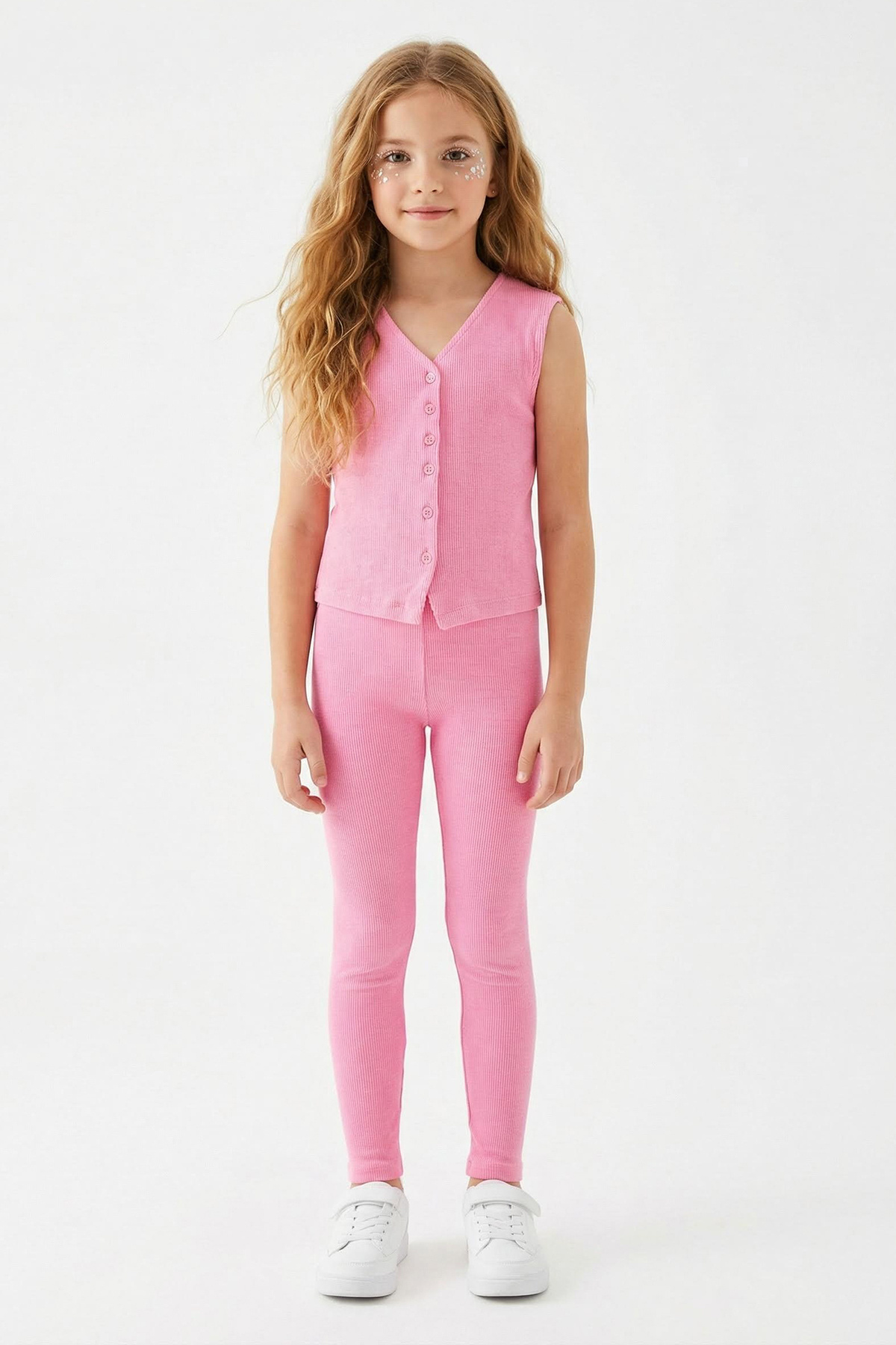 Trendyolmilla Kids Pembe Kız Çocuk Basic Düğmeli Fitilli Esnek V Yaka Yelek Tayt Örme Alt-Üst Takım TKDSS25AU00030