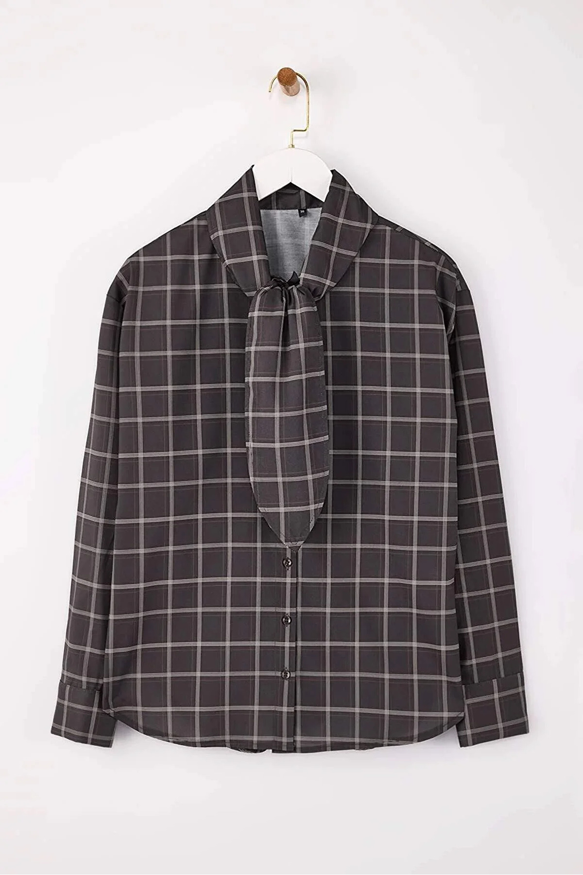 Trendyolmilla  Çok Renkli-Kahverengi Ekose Fular Detaylı Oversize/Geniş Kalıp Gömlek TWOSS26GO00009 - Görsel 5