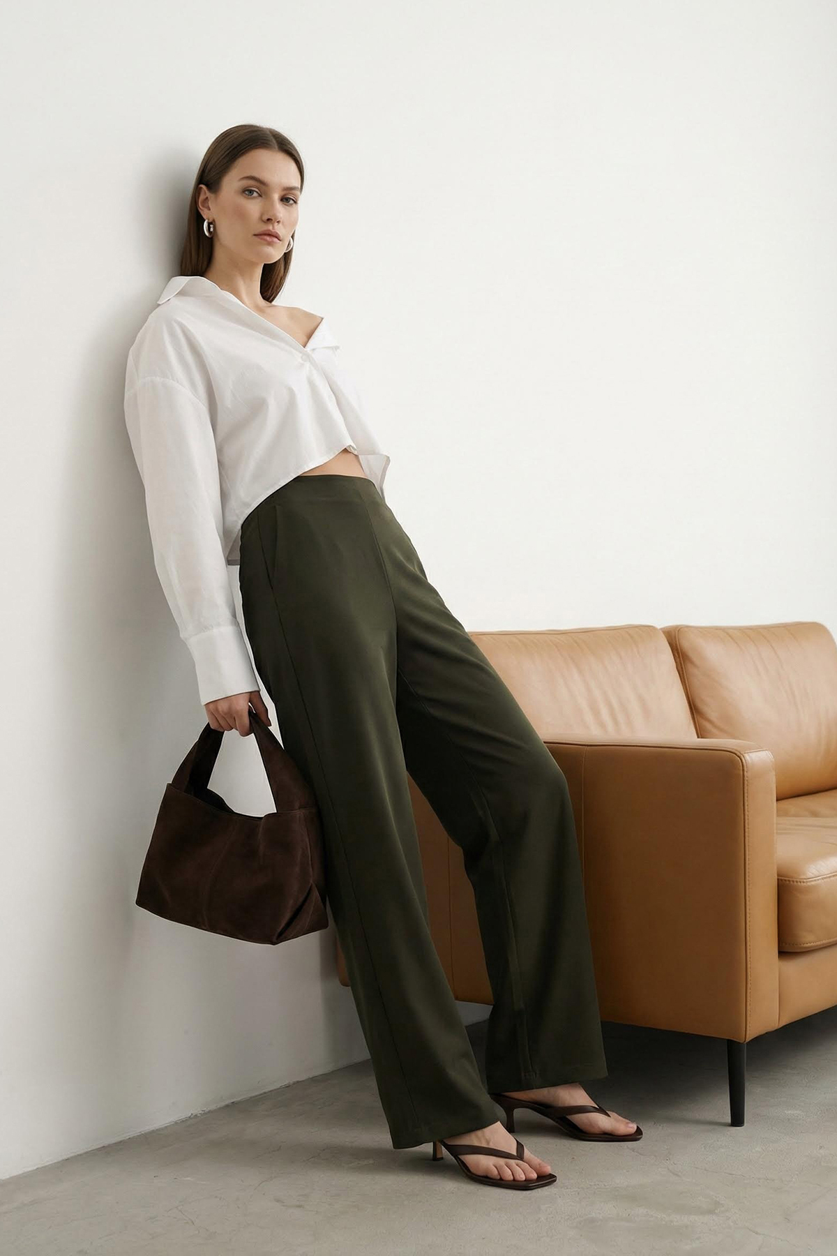 Trendyolmilla  Haki Beli Lastikli Wide Leg/Geniş Paça Pantolon TWOAW26PL00132