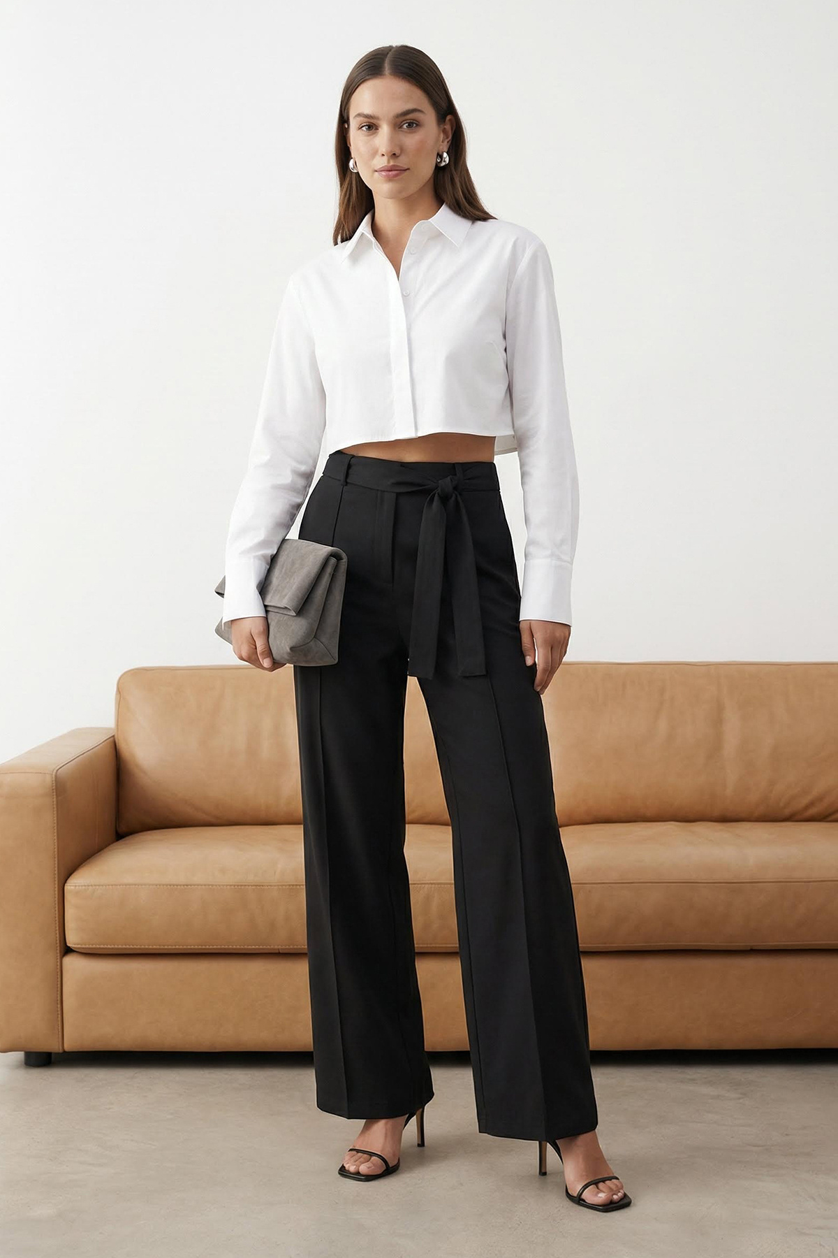 Trendyolmilla  Siyah Kuşaklı Straight/Düz Kesim Nervürlü Kumaş Pantolon TWOAW26PL00047