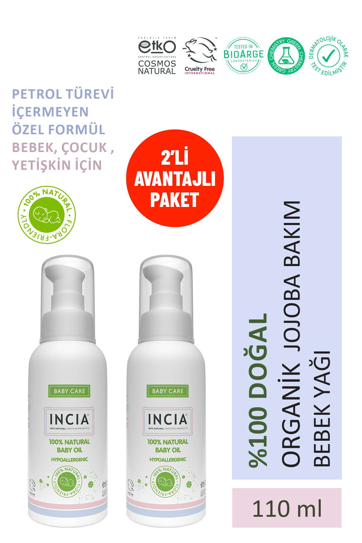 INCIA %100 Doğal Bebek Yağı Organik Jojoba Bakım Masaj Yağı Parafinsiz Bitkisel Vegan 110 ml X 2 Adet - Fiyatı, Yorumları