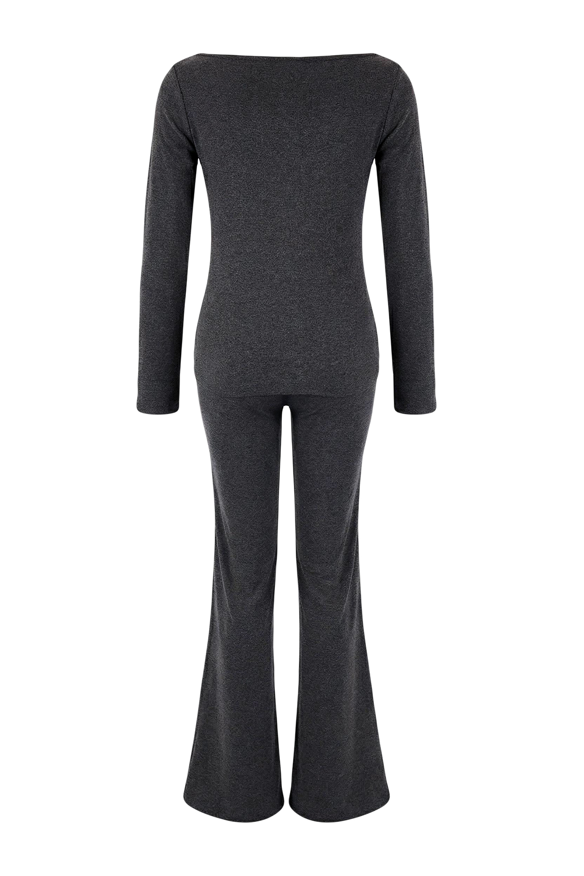 Trendyolmilla  Antrasit Melanj Regular Asimetrik İspanyol Paça Pamuk Ribana Örme Alt-Üst Takım TWOSS26AU00027 - Görsel 6