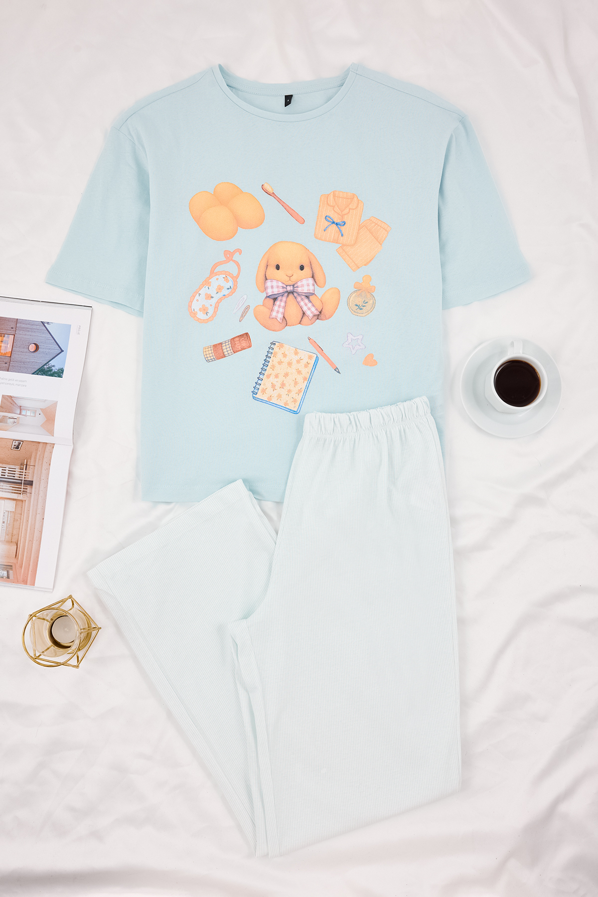 Trendyolmilla  Mavi %100 Pamuklu Çizgili ve Eğlence Desenli Örme Pijama Takımı THMSS26PT00007 - Görsel 5