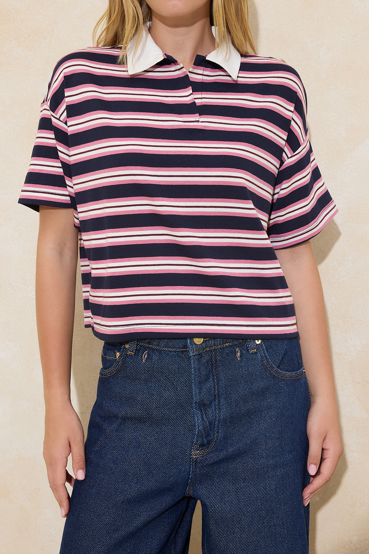 Trendyolmilla  Lacivert Çizgili Regular/Normal Kalıp Polo Yaka Tok Pamuklu Örme T-Shirt TWOSS26TS00032 - Görsel 3