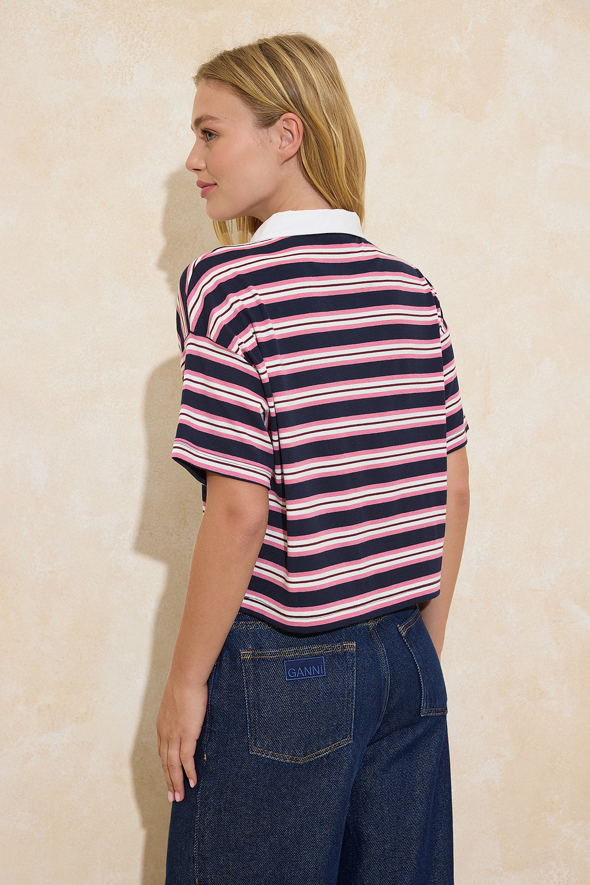 Trendyolmilla  Lacivert Çizgili Regular/Normal Kalıp Polo Yaka Tok Pamuklu Örme T-Shirt TWOSS26TS00032 - Görsel 4