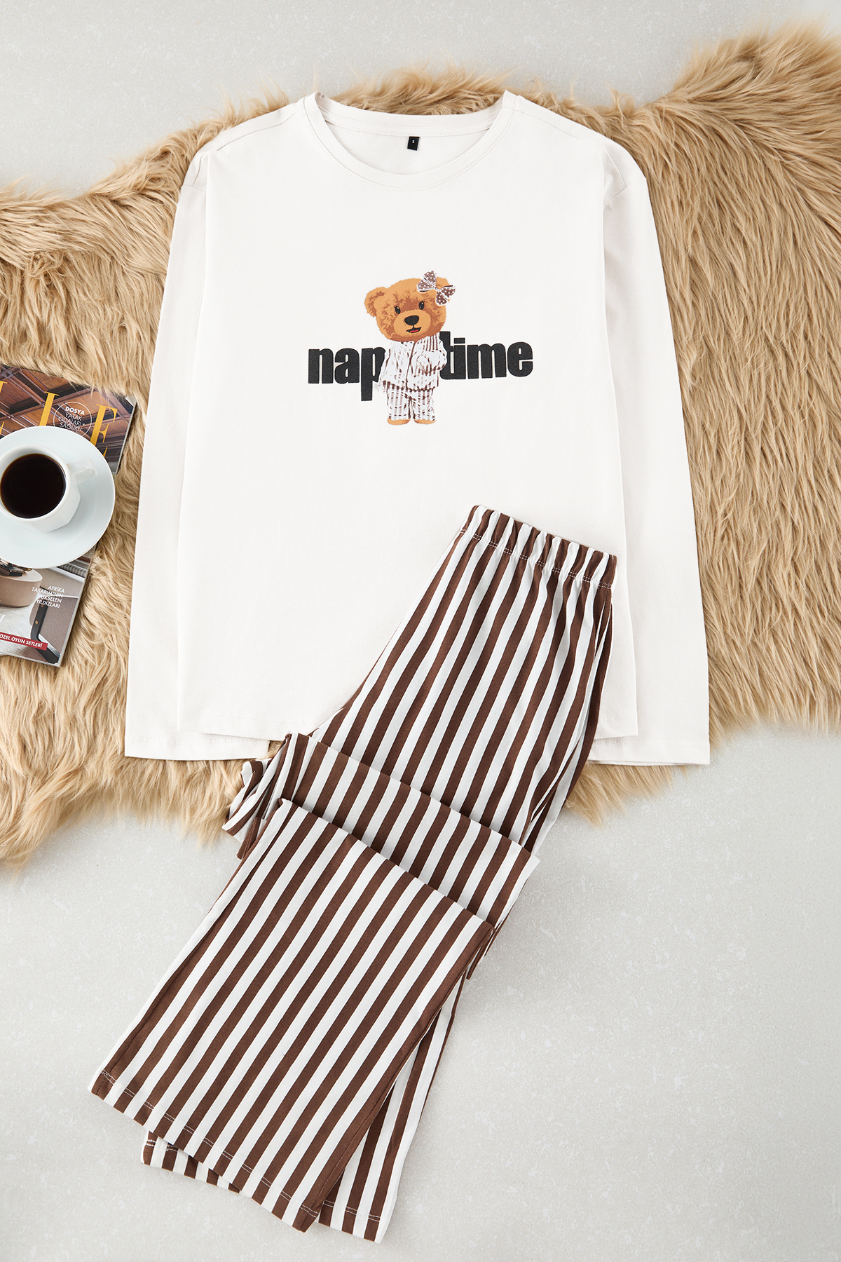 Trendyolmilla  Kadın Couple/Çift Ekru %100 Pamuklu Çizgili Ayıcıklı Örme Pijama Takımı THMAW25PT00171 - Görsel 7