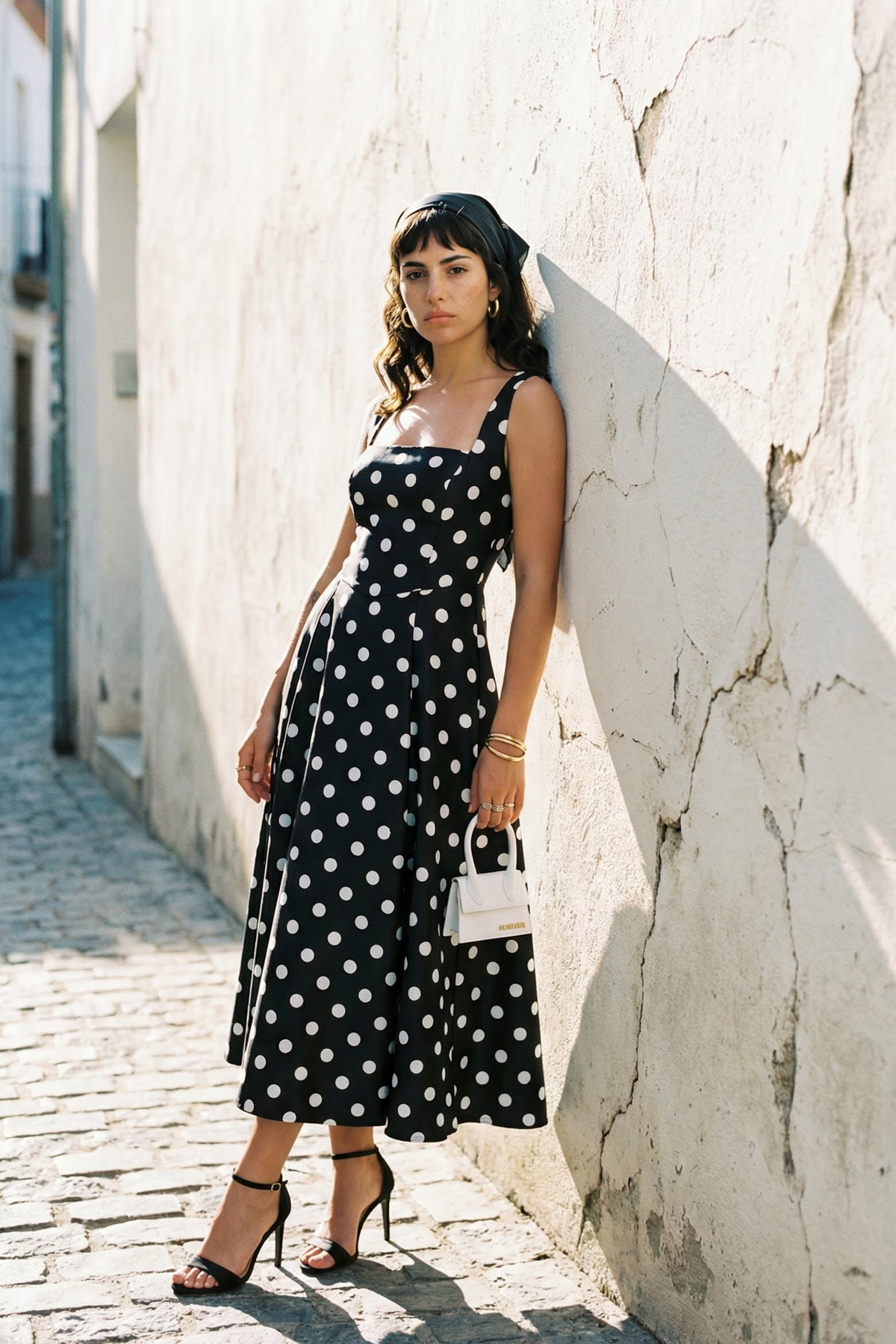 Trendyol Collection Schwarz-weiß gepunktetes A-Linien-Satin-Weben, stilvolles...