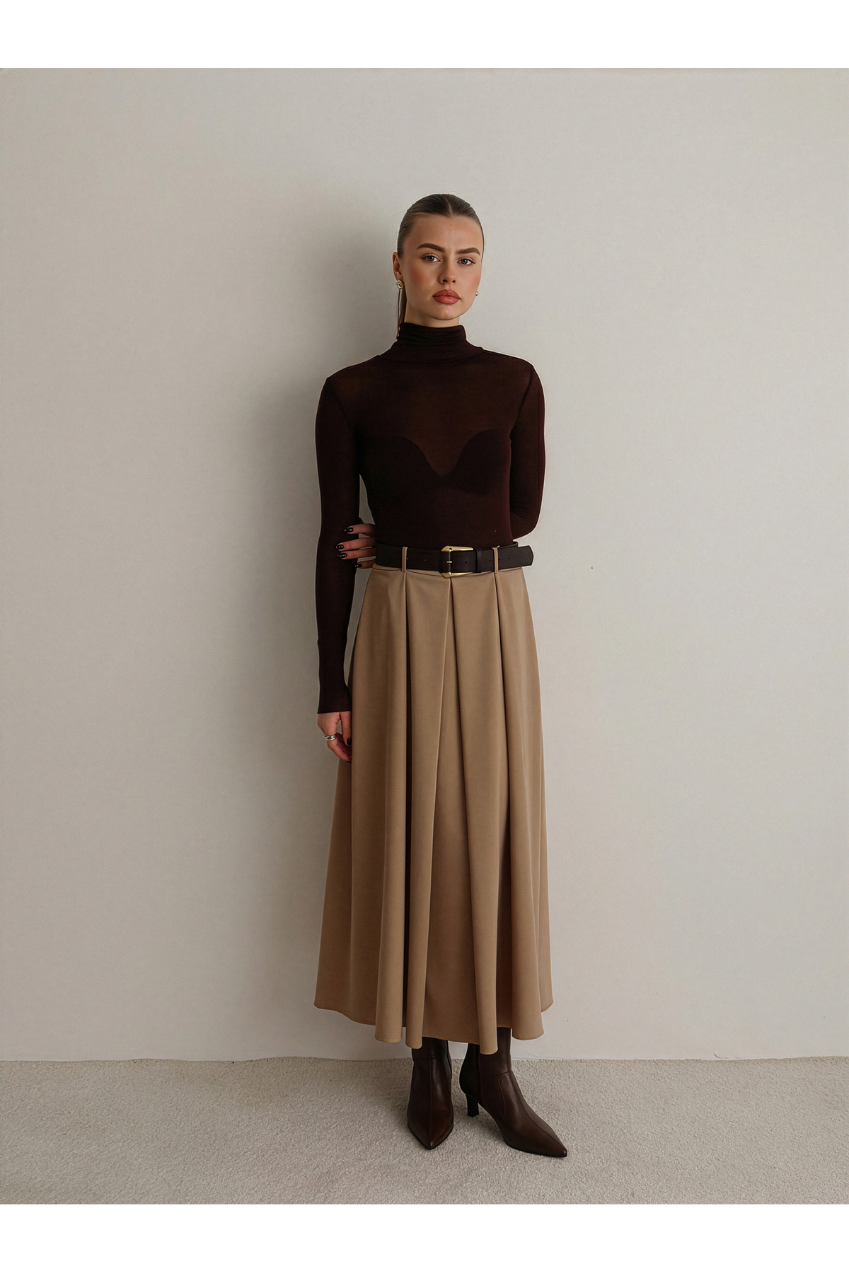 Trendyolmilla  Bej Kemerli A-line Kloş Dokuma Maxi Uzun Etek TWOAW26ET00168 - Görsel 3