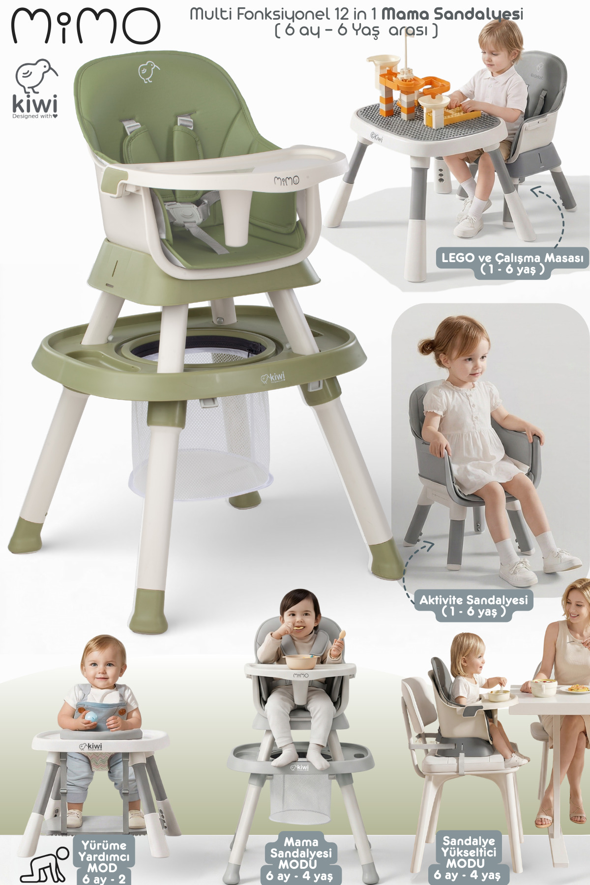 Kiwi Mimo 12’si 1 Arada Çok Fonksiyonlu Mama Sandalyesi – Oyun & Aktivite Masası , Yükseltici - Yeşil fotoğrafı 2 (önizleme)