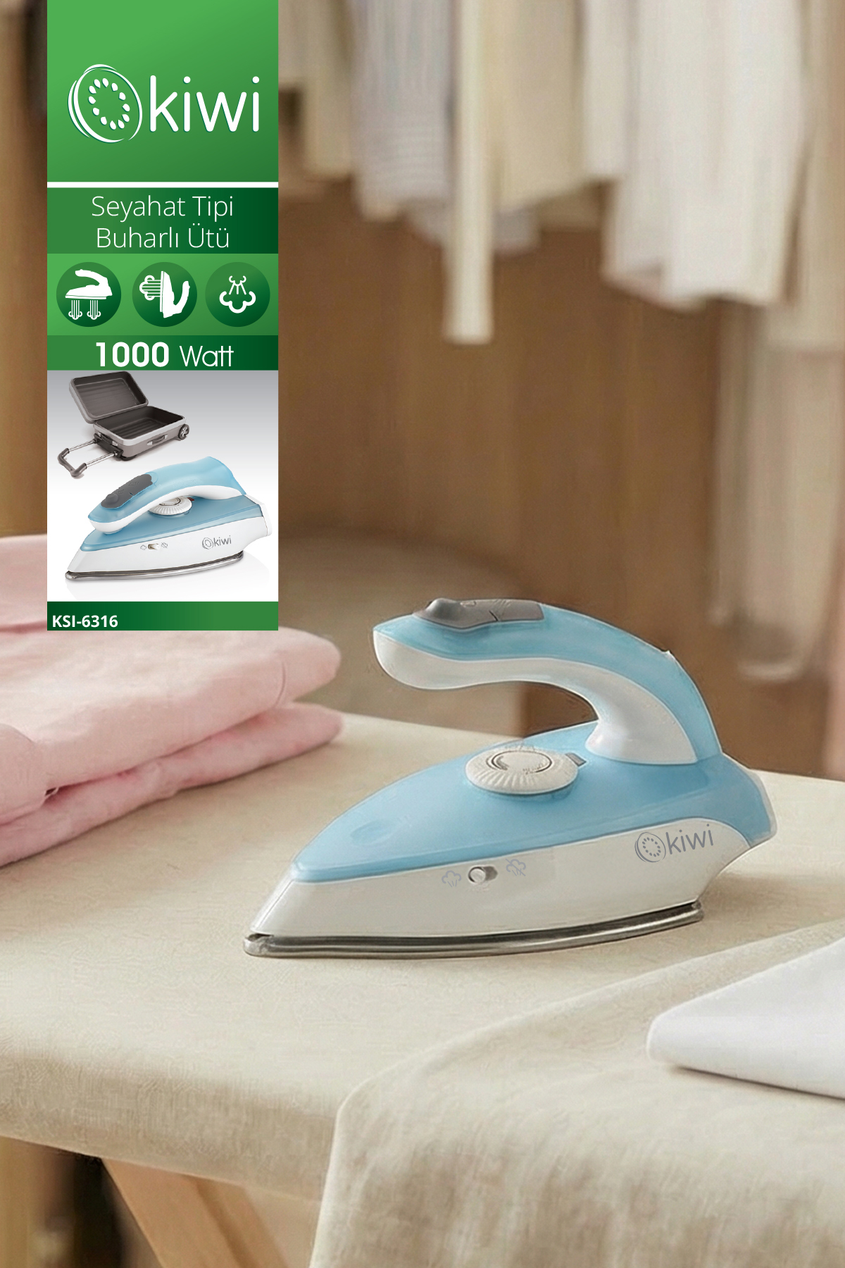 Kiwi Çelik Tabanlı Katlanabilir 1000 Watt Seyahat Ütüsü - Fiyatı