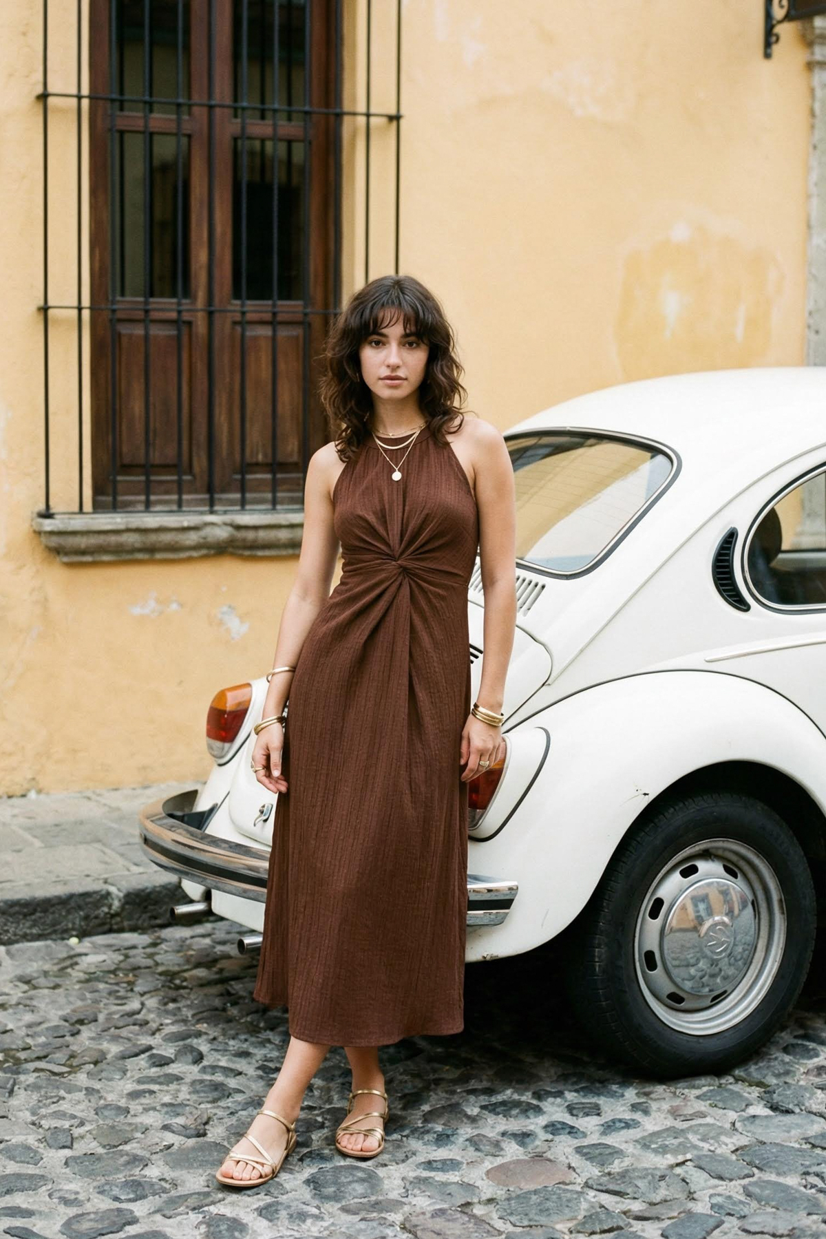 Trendyolmilla  Kahverengi Düz Kesim Düğüm Detaylı Maxi Dokuma Elbise TWOSS25EL00145