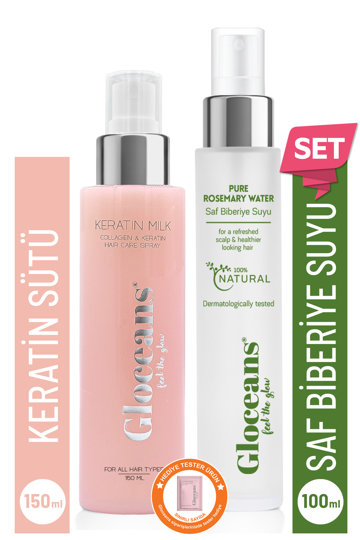 gloceans feel the glow Keratin Kolajen Saç Bakım Sütü ve Biberiye Suyu Toniği Avantaj Seti — GLO-KS-BS-KS01BS01