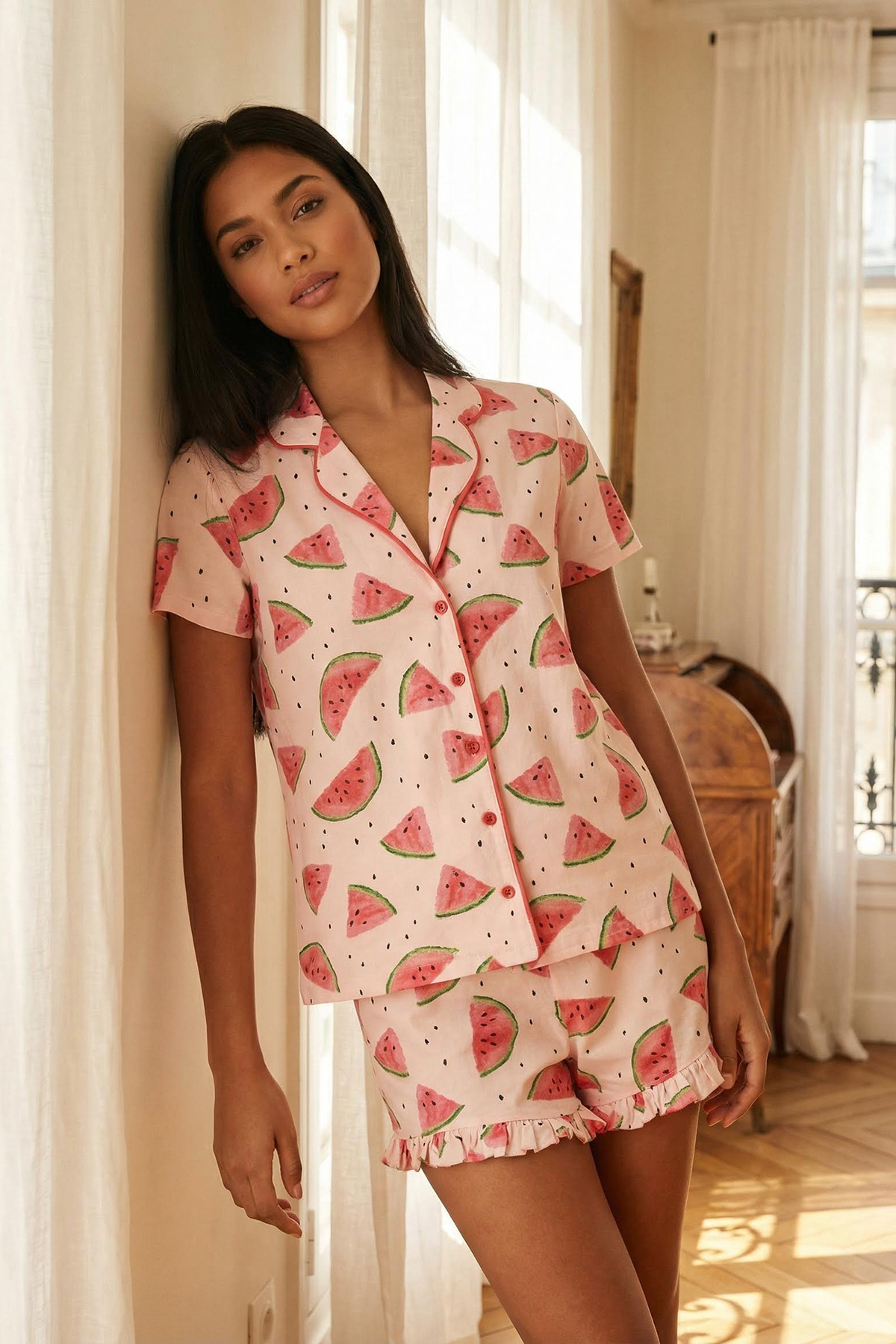 Trendyol Collection Zestaw piżamowy z krótkimi, bawełnianymi, falbaniastymi s...