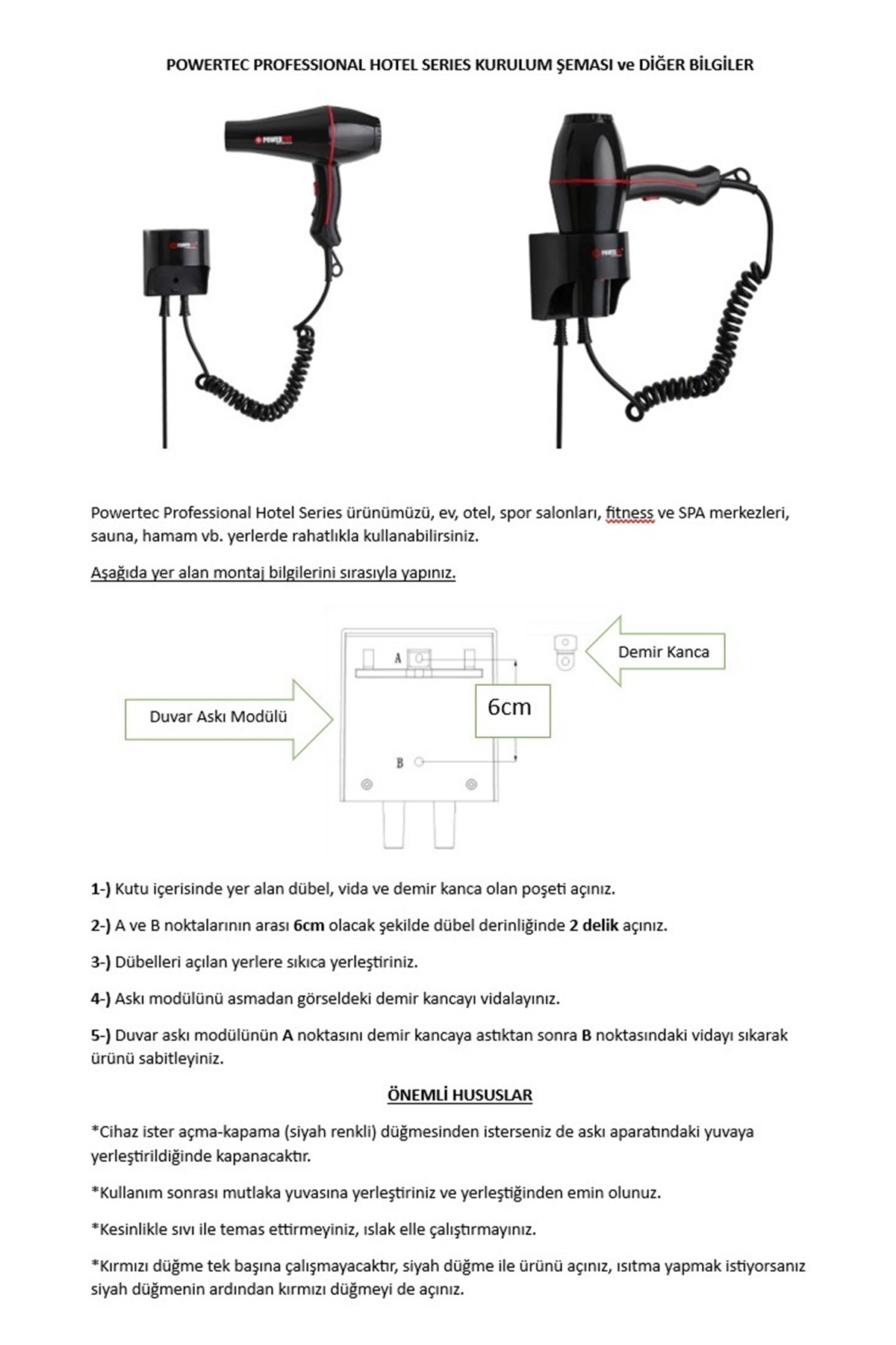 powertec fön TR-301 Askı Aparatlı | Otel Tipi | Profesyonel