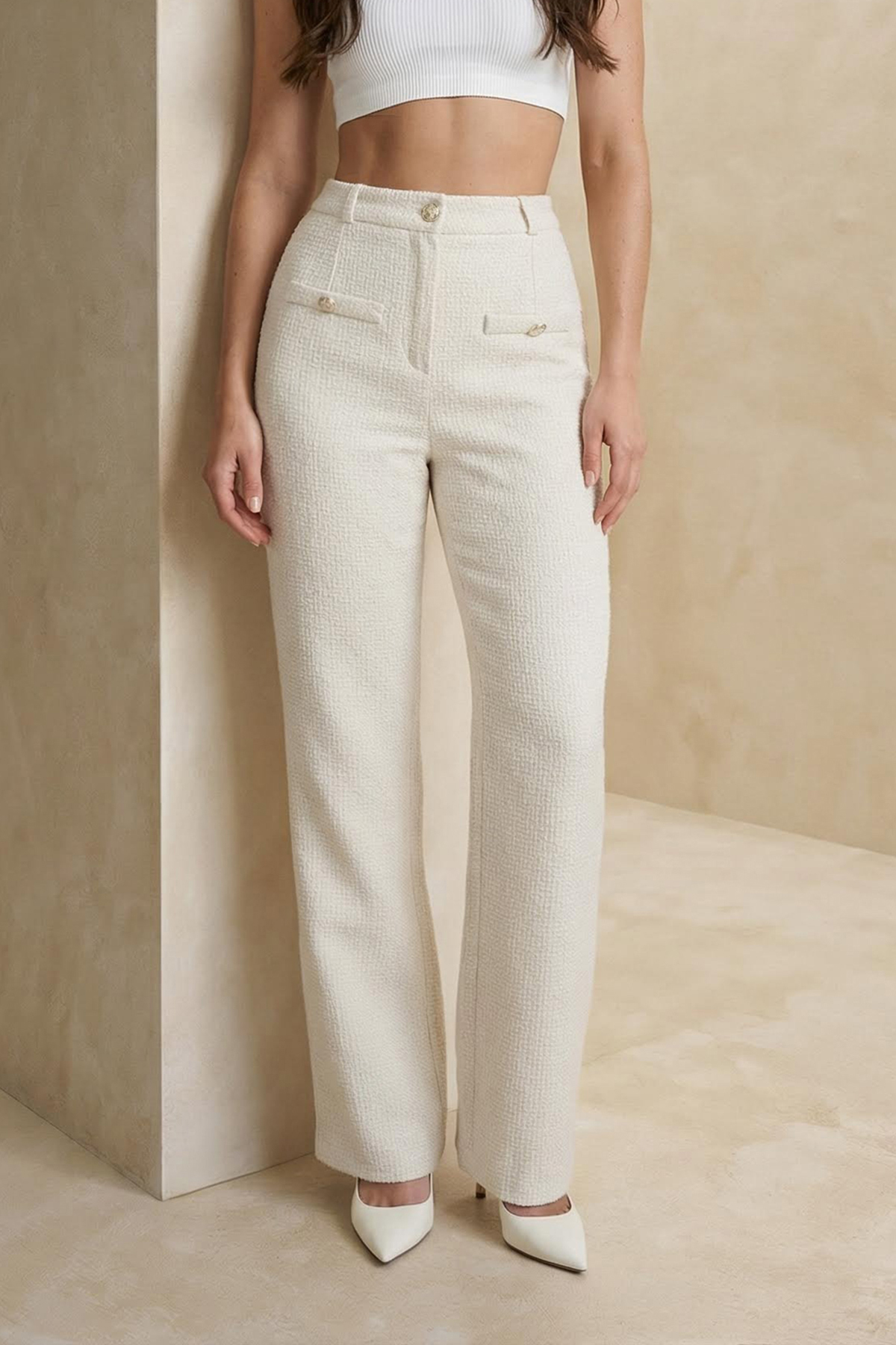 Trendyolmilla  Ekru Tüvit Düğme Detaylı Pantolon TWOAW26PL00172 - Görsel 3