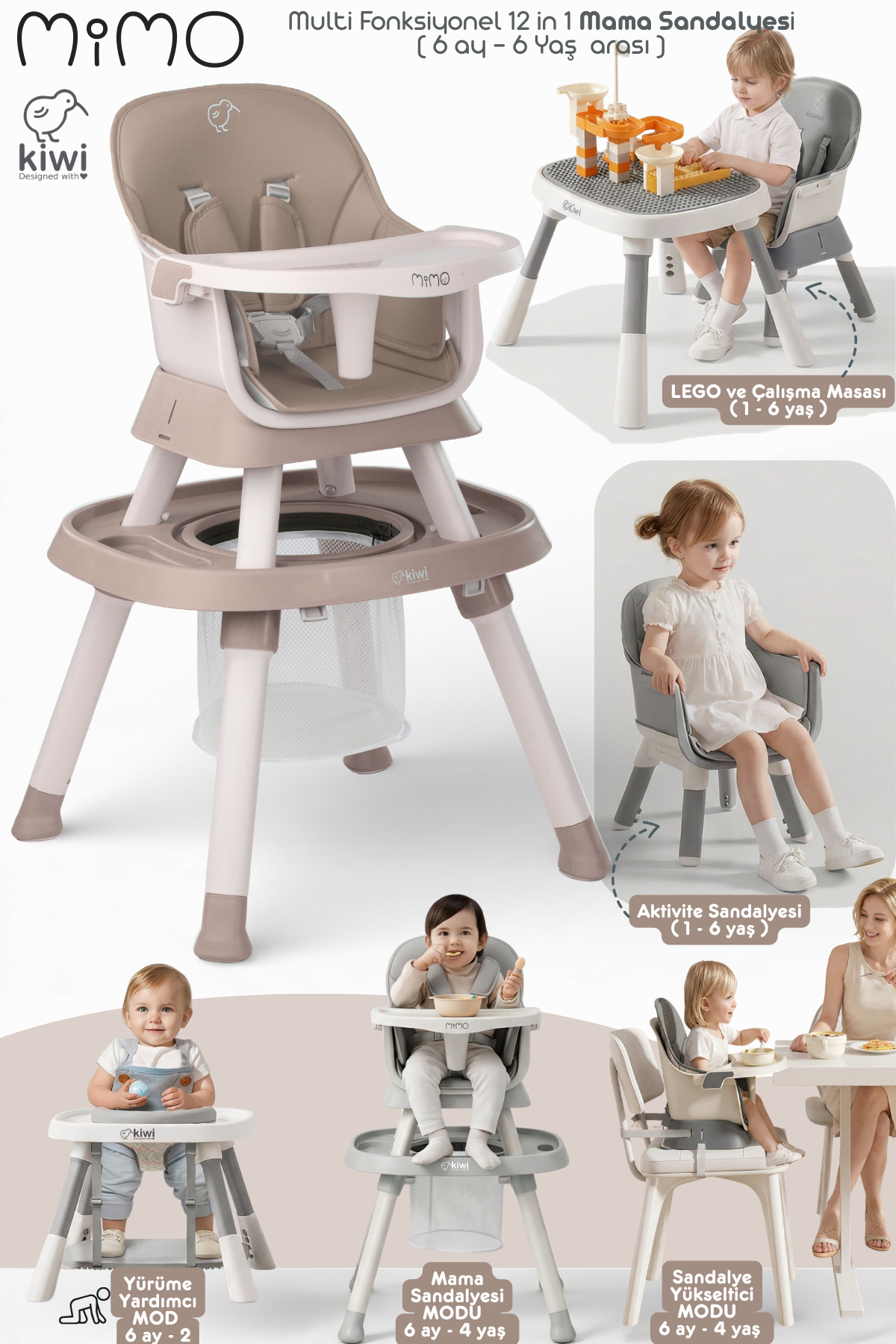 Kiwi Mimo 12’si 1 Arada Çok Fonksiyonlu Mama Sandalyesi – Oyun & Aktivite Masası, Yükseltici - Kahve fotoğrafı 2 (önizleme)