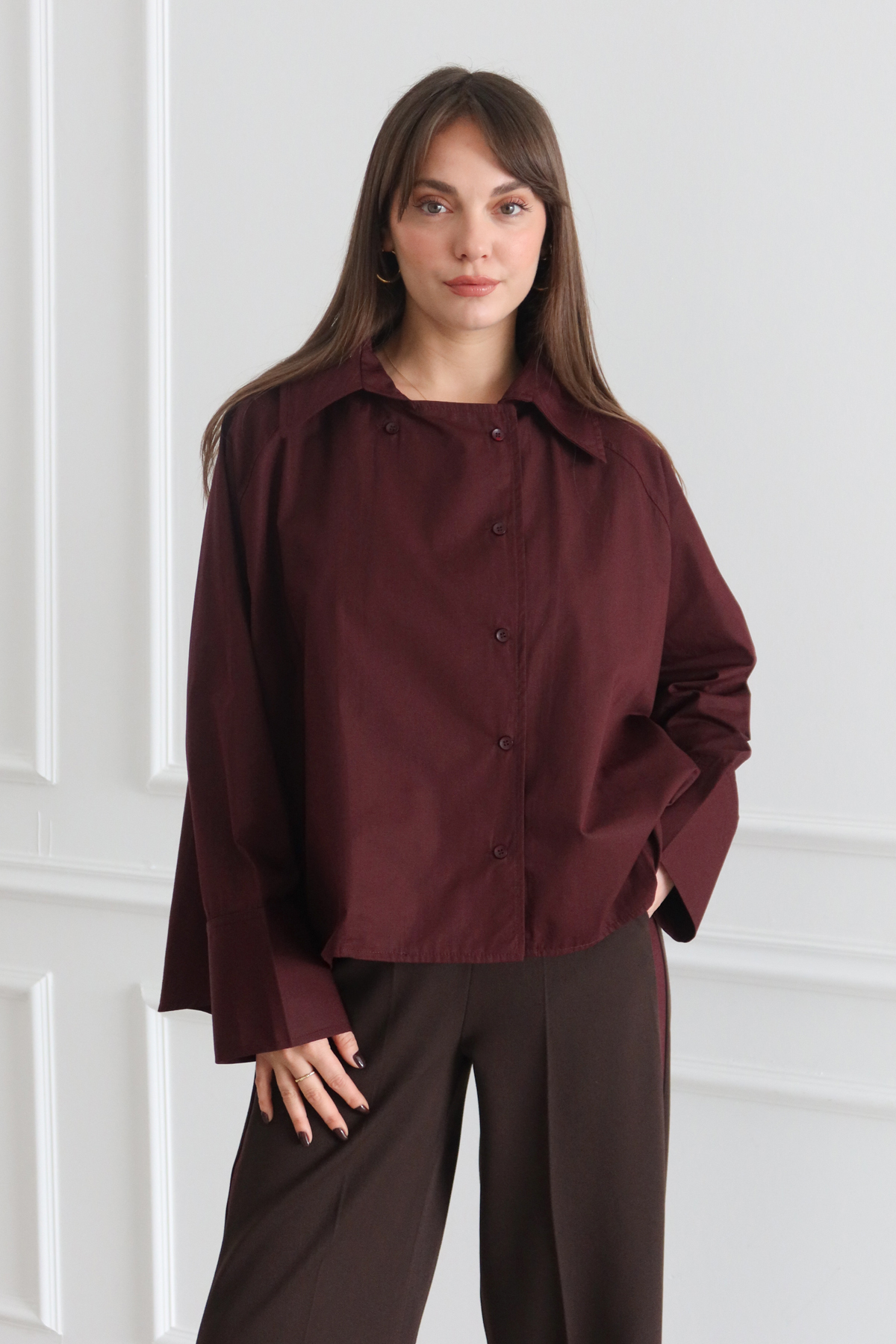 Trendyol Collection Plum-colored, 100% Cotton Woven Shirt with Closure Detail...