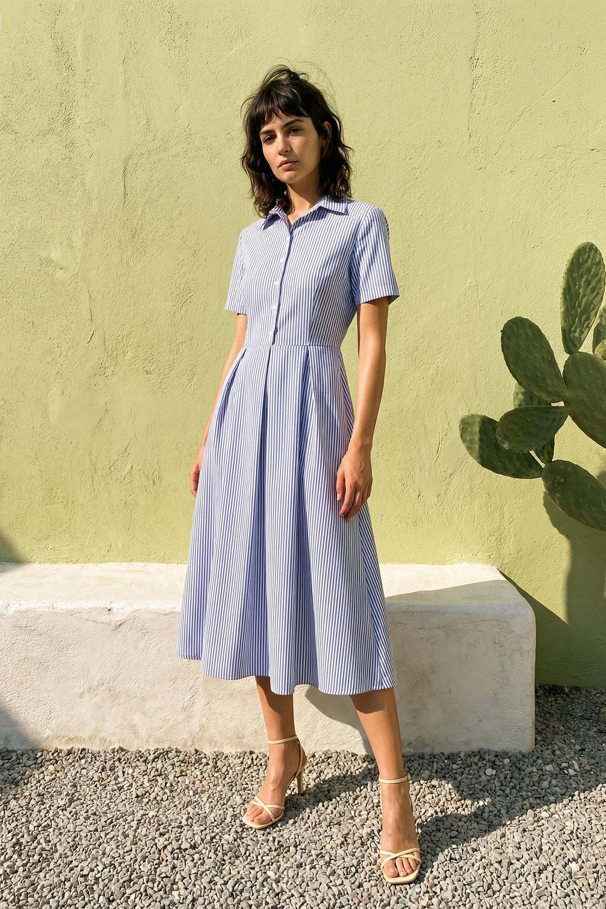 Trendyolmilla  Mavi Çizgili Eteği Belden Açılan Yarım Patlı Midi Dokuma Elbise TWOSS25EL00187