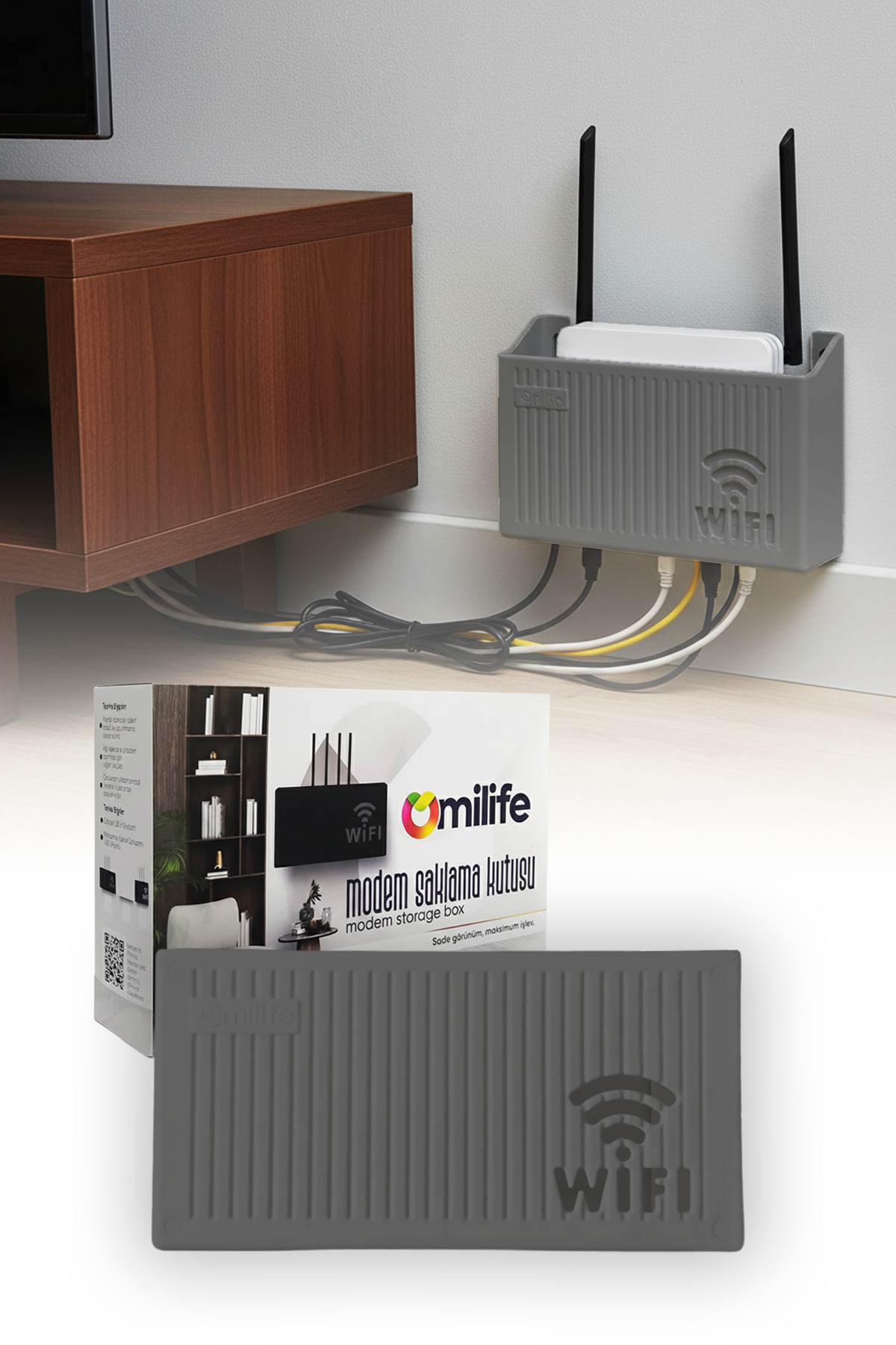 Gray Wall Hanging Modem Box WiFi Router Storage Organizer Rack 25x15x6cm