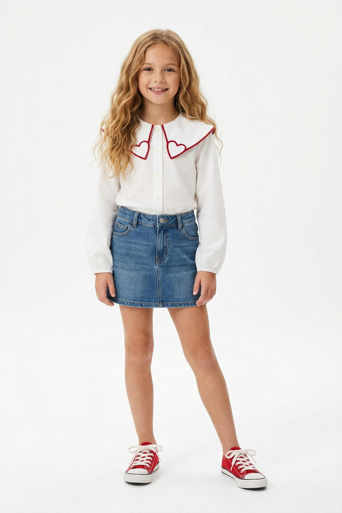 Trendyolmilla  Ekru Bebe Yaka Kalp Desenli 23 Nisan DokumaKız Çocuk Bayramlık Gömlek TKDSS26GO00003 - Görsel 3