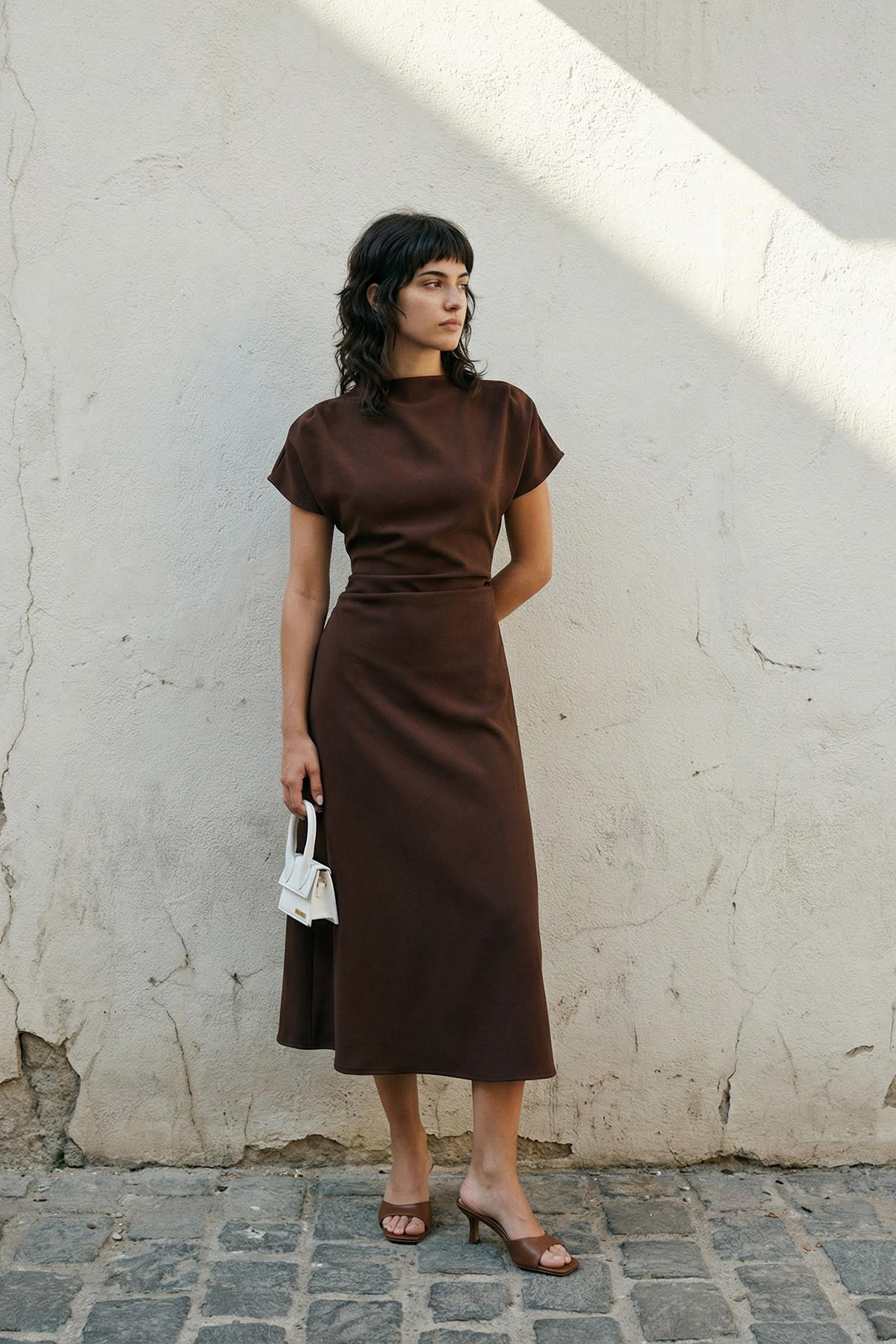 Kolekcia Trendyol Hnedé midi tkané šaty Degaje s golierom v áčkovej línii TWO...