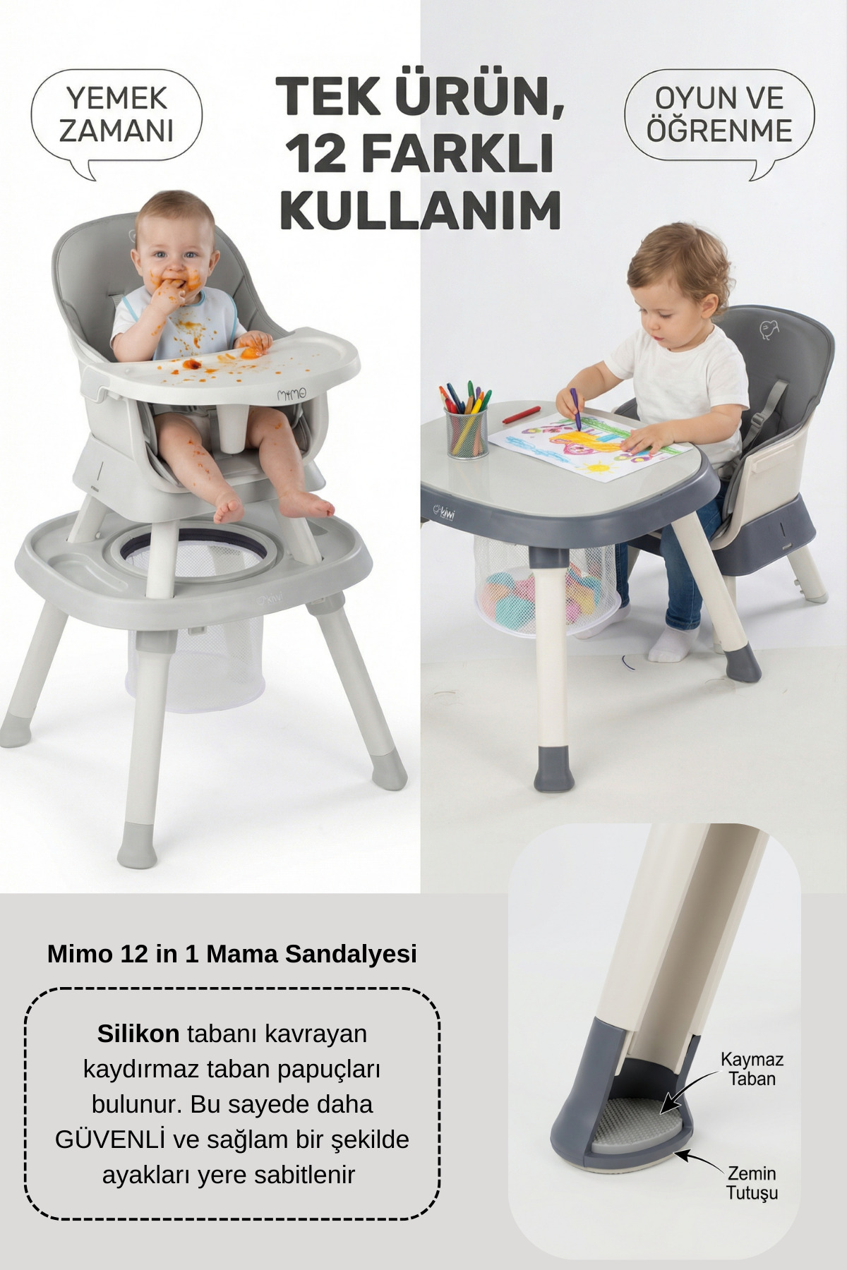 Kiwi Mimo 12’si 1 Arada Çok Fonksiyonlu Mama Sandalyesi – Oyun & Aktivite Masası , Yükseltici - Koyu Gri fotoğrafı 6 (önizleme)