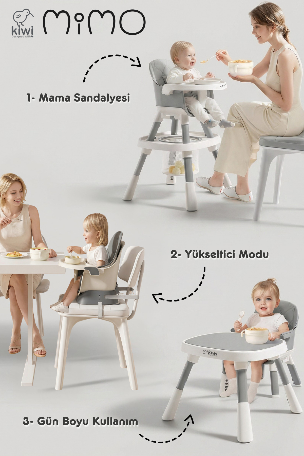 Kiwi Mimo 12’si 1 Arada Çok Fonksiyonlu Mama Sandalyesi – Oyun & Aktivite Masası - Gri fotoğrafı 3 (önizleme)