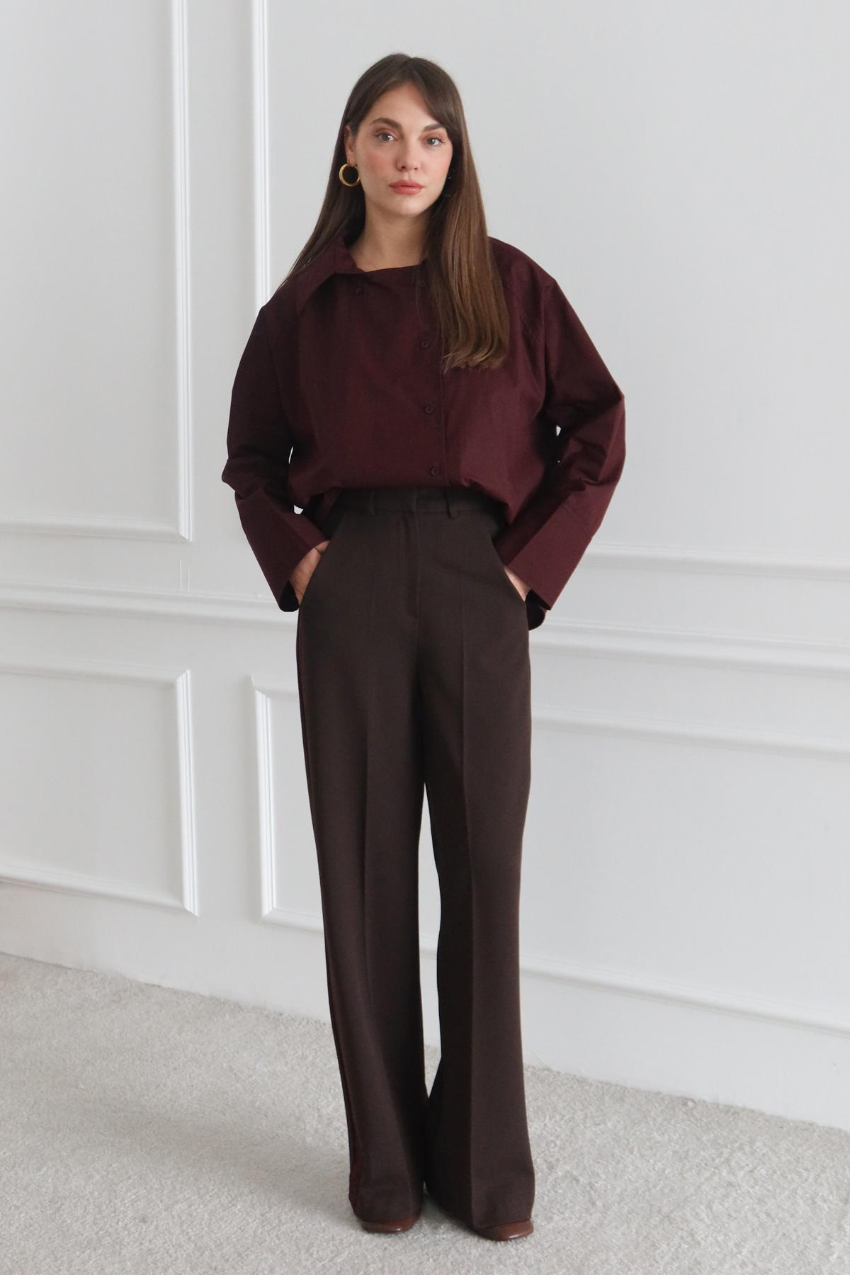 Trendyolmilla  Kahverengi Bordo Çizgili Kalın Tuşeli/Kışlık Dokuma Pantolon TWOSS26PL00013 - Görsel 7