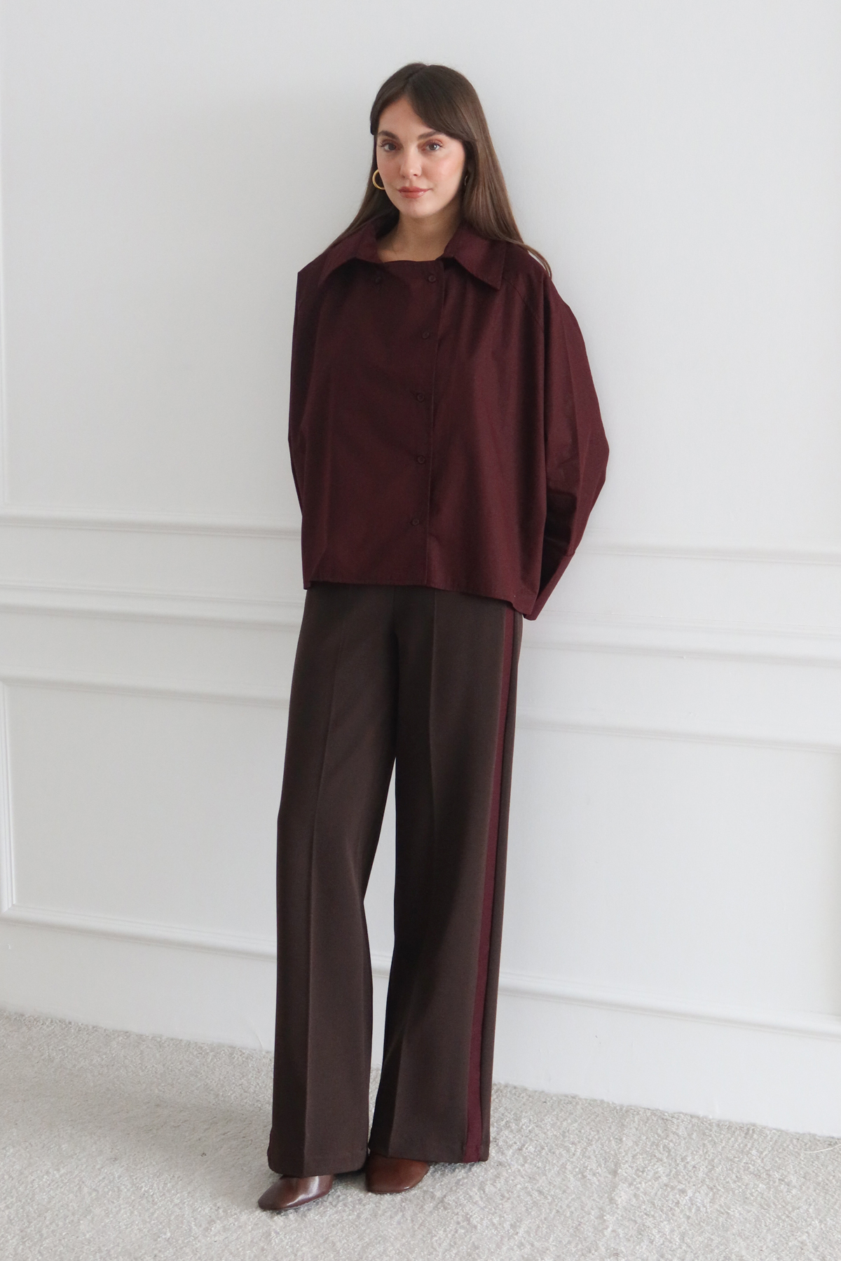 Trendyolmilla  Kahverengi Bordo Çizgili Kalın Tuşeli/Kışlık Dokuma Pantolon TWOSS26PL00013 - Görsel 9