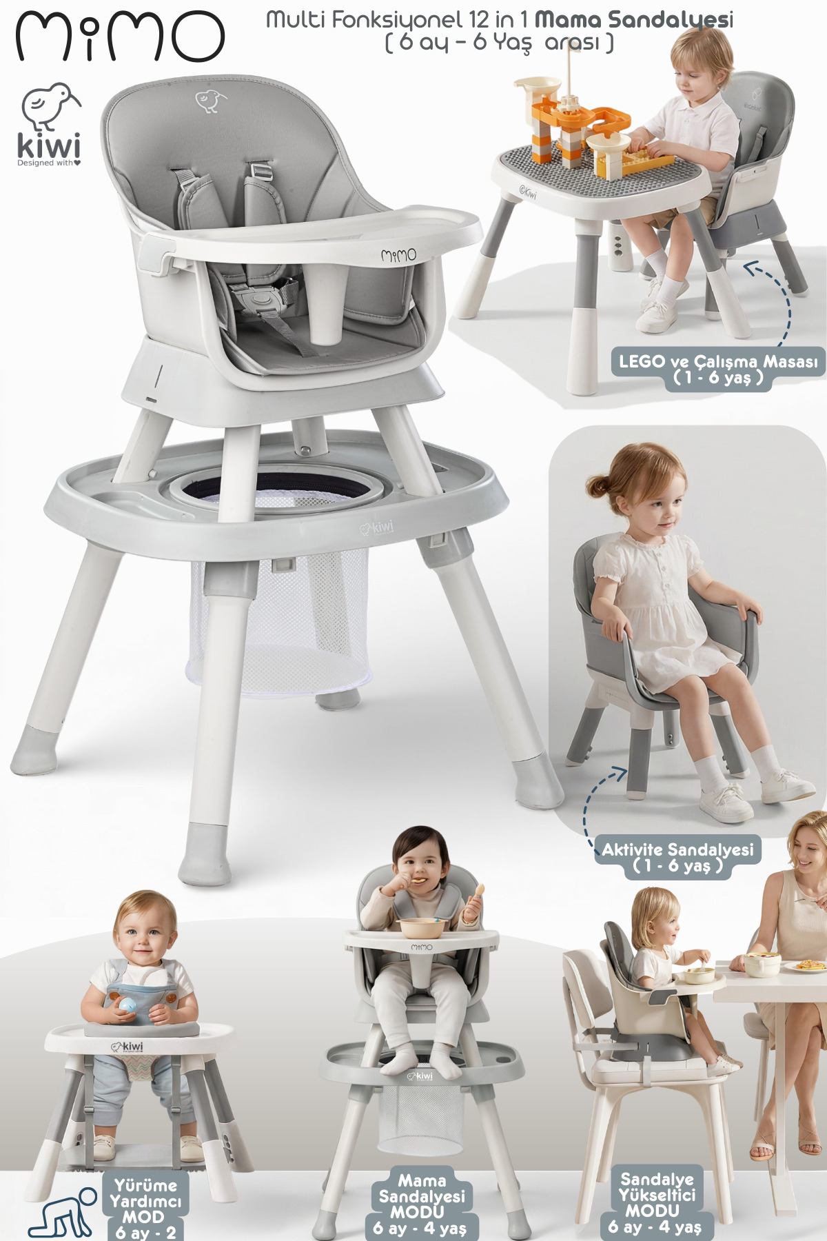Kiwi Mimo 12’si 1 Arada Çok Fonksiyonlu Mama Sandalyesi – Oyun & Aktivite Masası - Gri fotoğrafı 2 (önizleme)