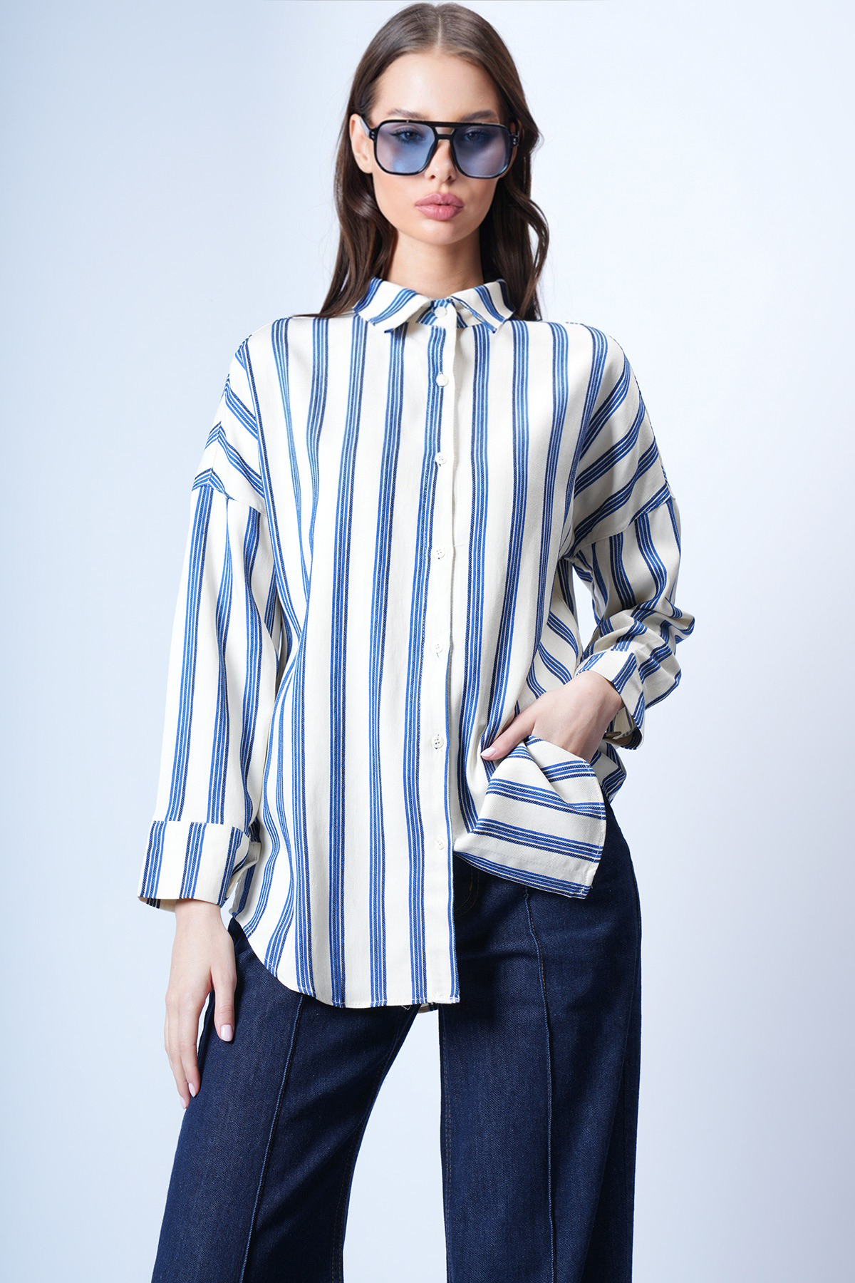 Ecru-Navy Blue Oversized Striped ShirtALC-X14930