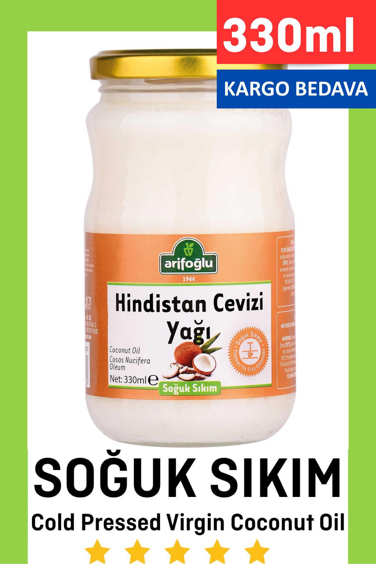 Hindistan Cevizi Yağı | 330 ml Arifoğlu | Soğuk Sıkım | Cold Pressed Virgin Coconut Oil — 600 28 252 — تصویر 2 از 6