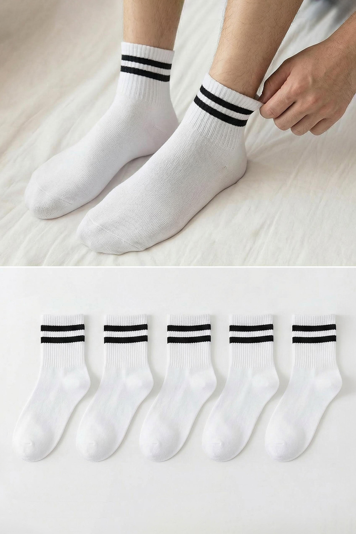 Trendyolmilla Man Beyaz 5'li Paket Pamuklu Çizgili Kolej-Tenis-Orta Boy Çorap TMNSS24CO00017