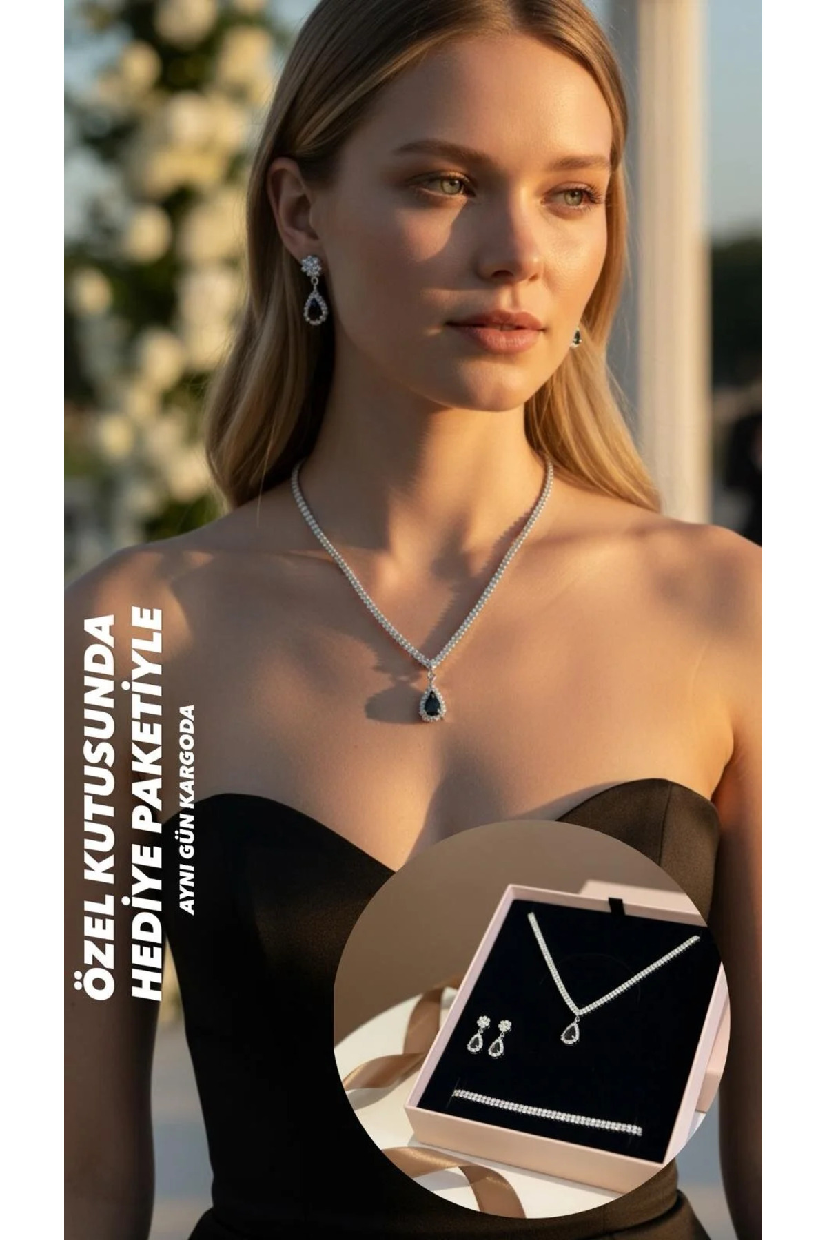 Rose Silver Plated Black Gemstone Jewelry Set Necklace Earrings Bracelet Gift Set