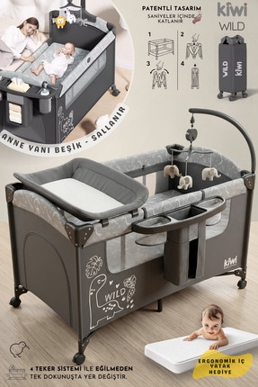 Kiwi WildNest 3in1 Anne Yanı Park Yatak Katlanır Beşik, Tekerlekli, Yan Açılı...