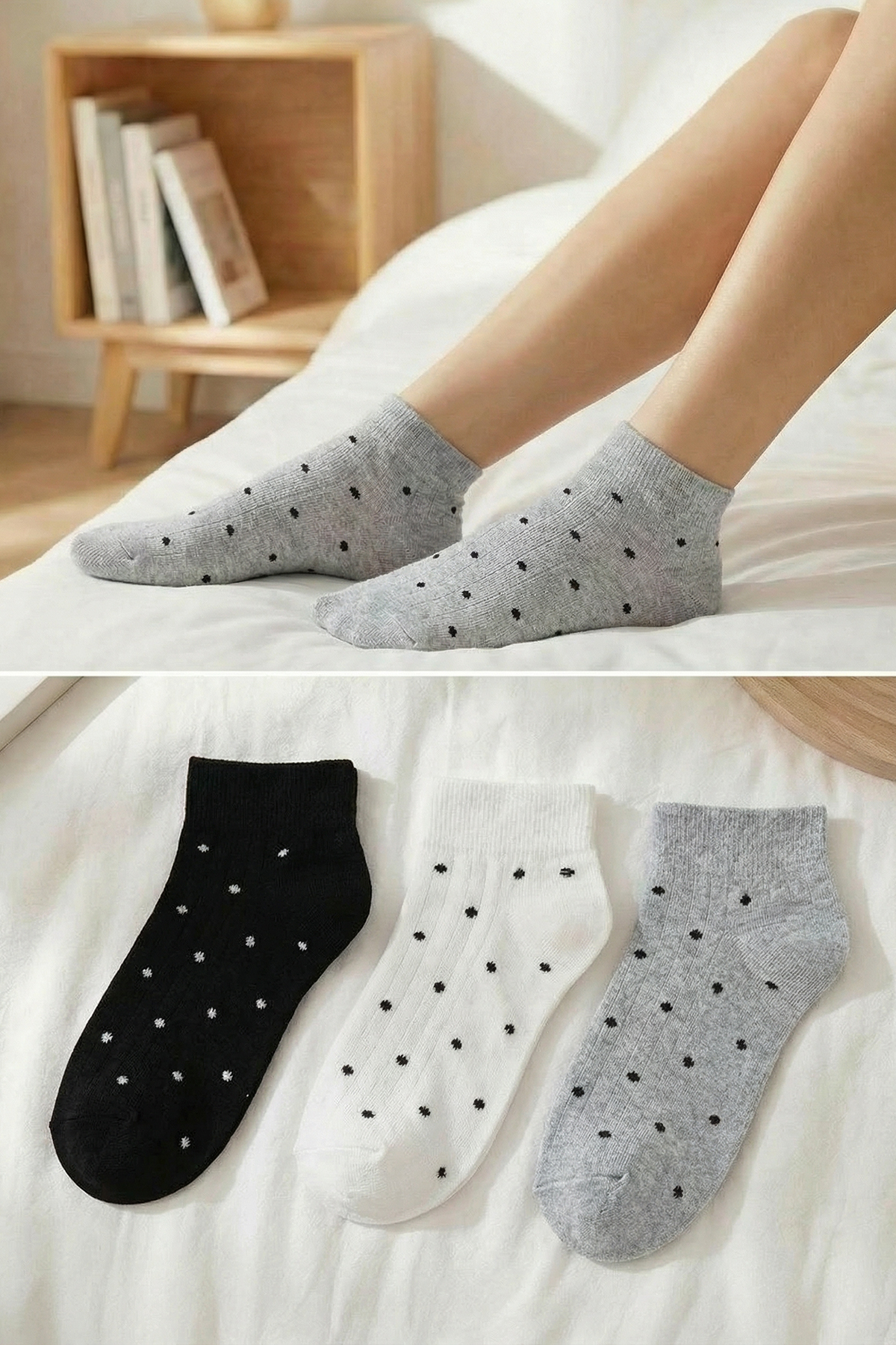 Trendyol Collection Grau-Schwarz-Weiß 3-teilige gepunktete Jacquard-Stricksoc...