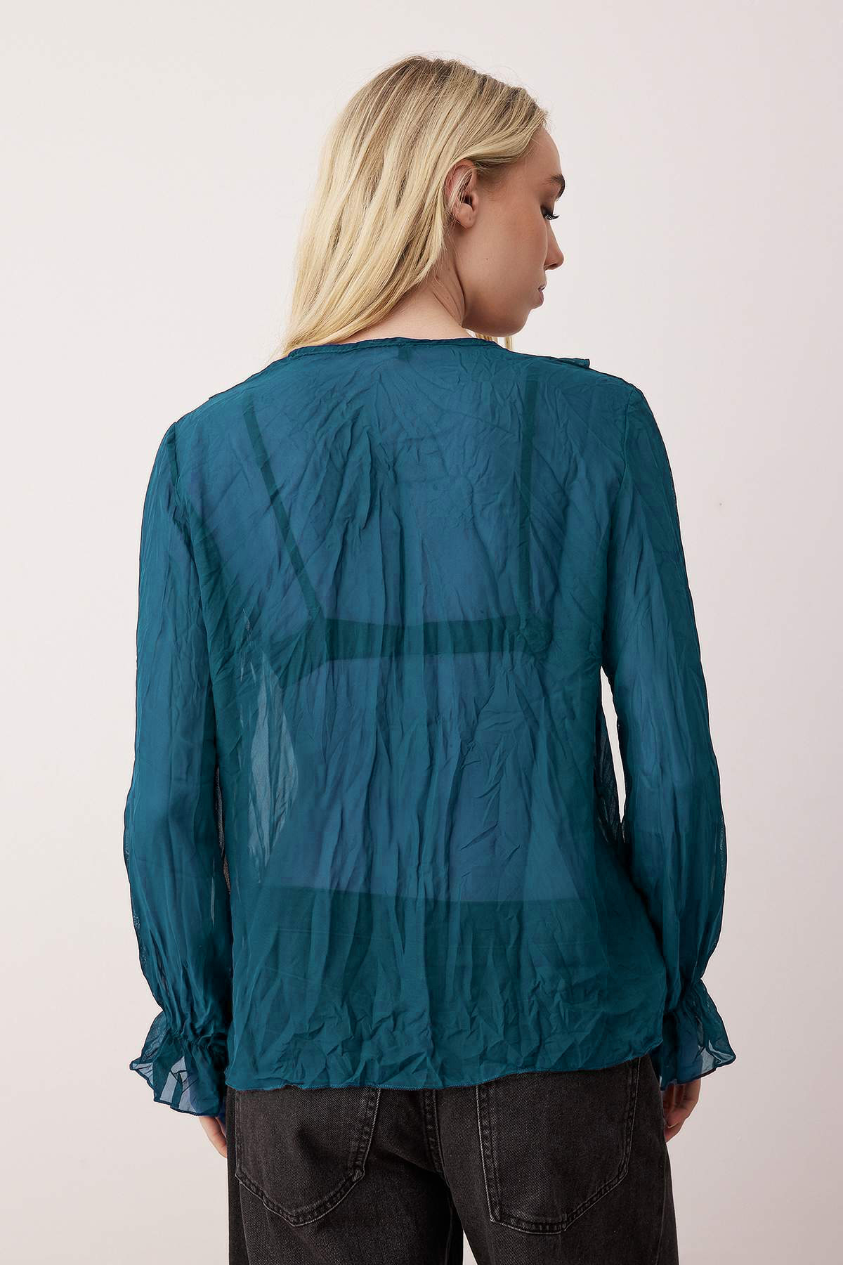 Trendyolmilla  Petrol Kırışık Görünümlü Şifon Transparan Gömlek TWOAW26GO00070 - Görsel 4