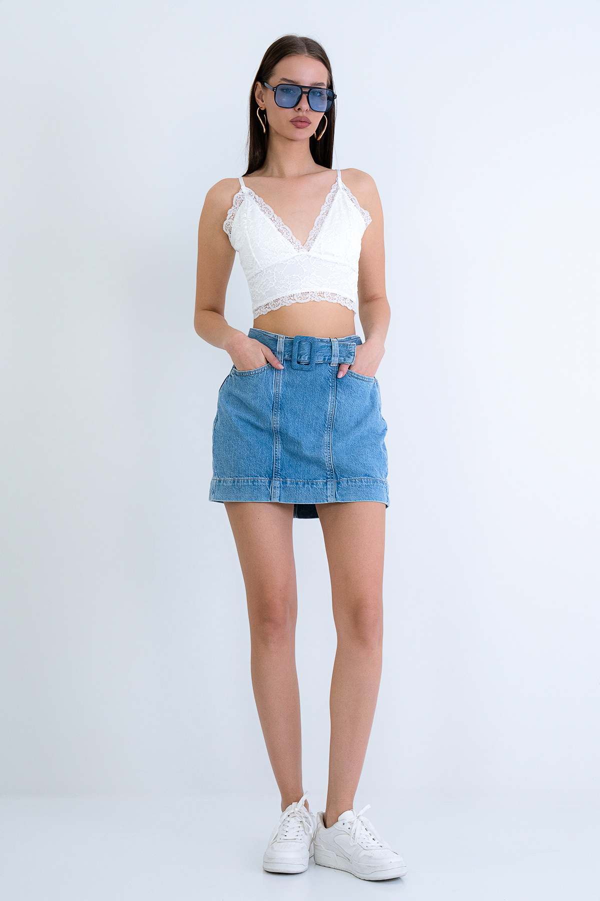 Trend Alaçatı Stili  Kadın Mavi Çift Cepli Kemerli Jean Mini Etek ALC-X15215 - Görsel 6