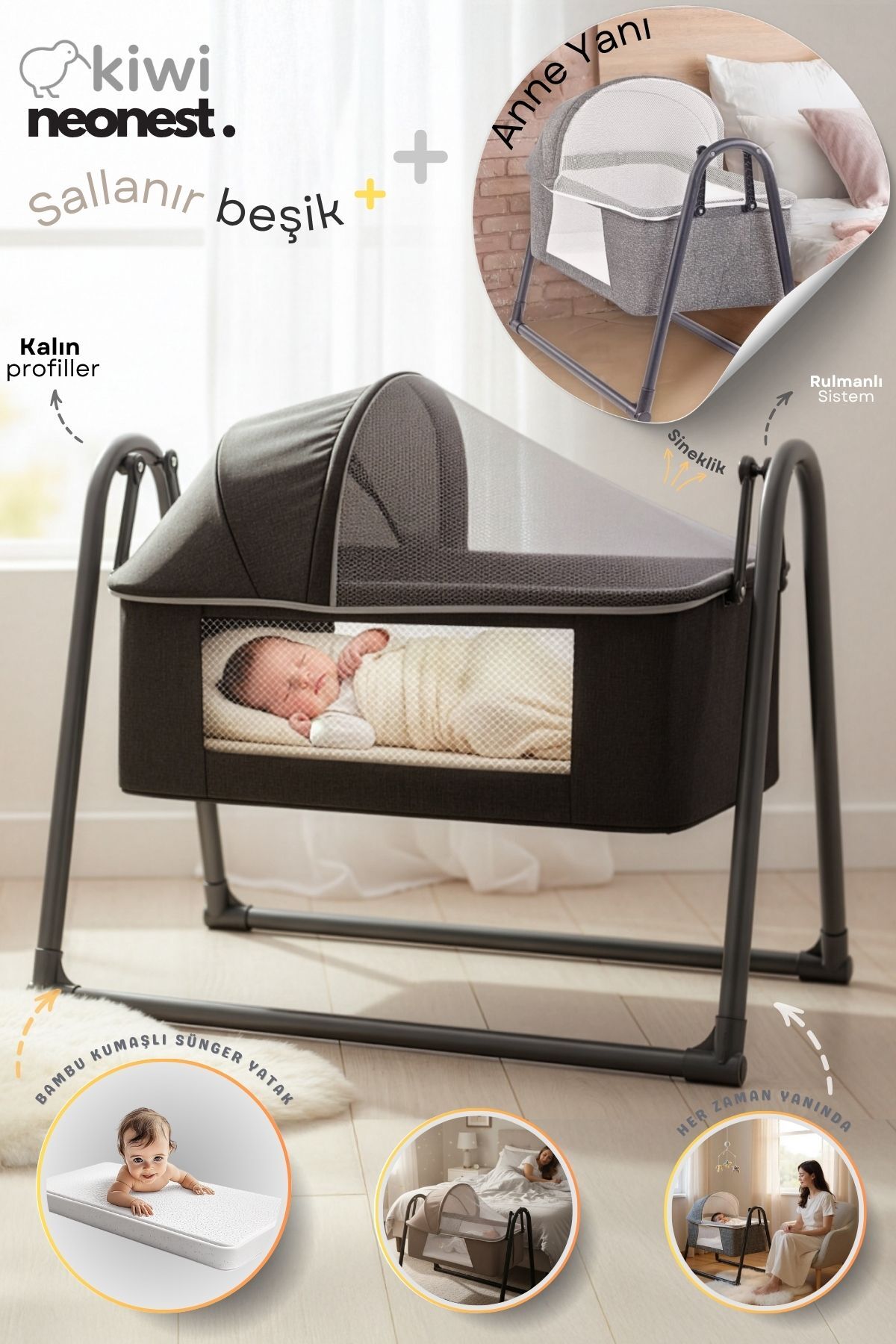 Kiwi Neonest Anne Yanı Cibinlikli Ve Tenteli, Sallanır. Keten , Portatif Sepet Beşik fotoğrafı 2 (önizleme)