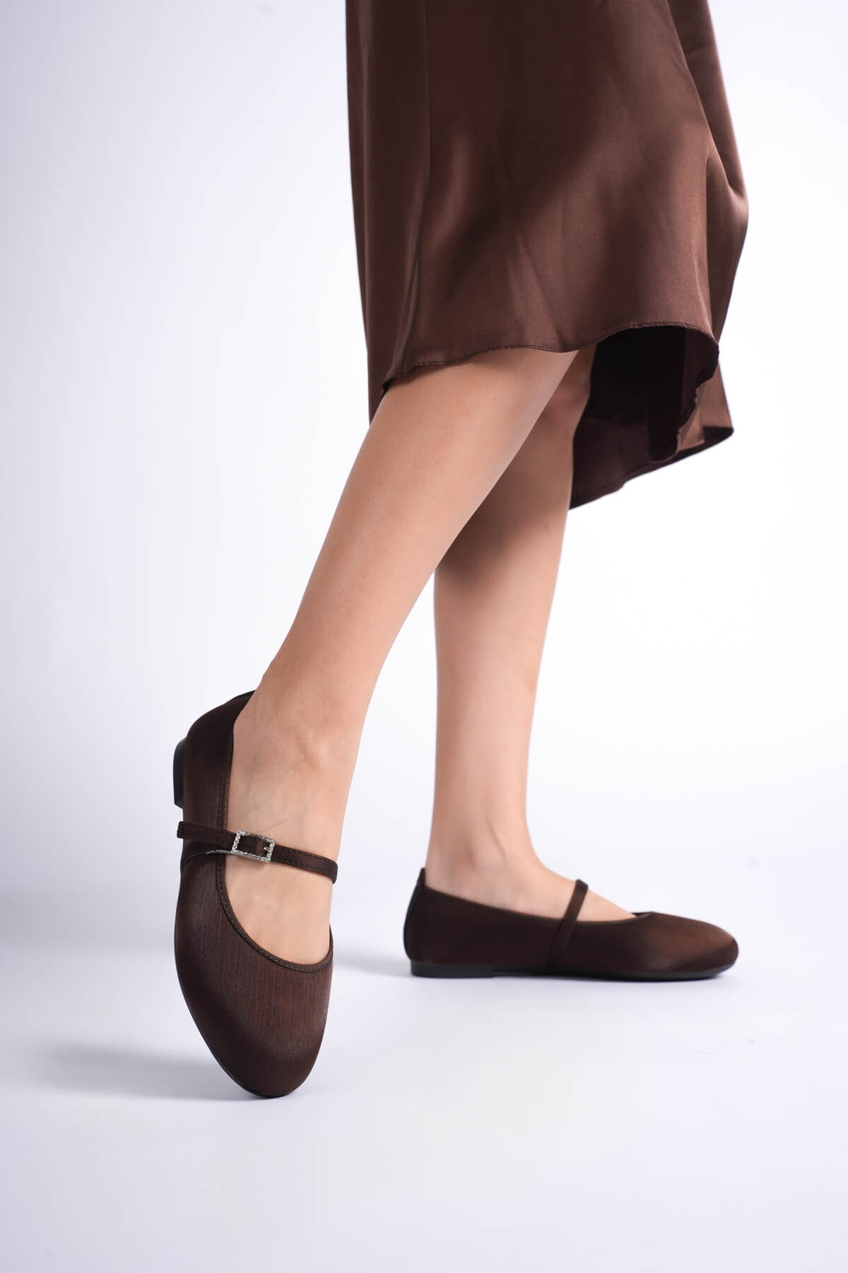 İncimoda  aci kahve Saten Kadın Ortopedik Babet Hafızalı Taban Yuvarlak Burun Balerin Ayakkabı - Görsel 7