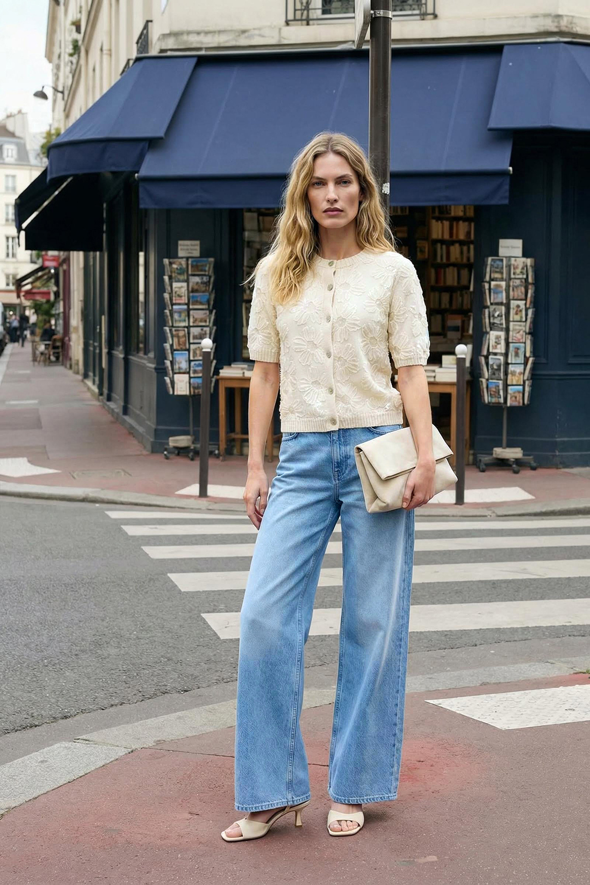 Trendyol Collection Strickjacke aus ecrufarbenem Tüll mit Blumendruck TWOAW25...