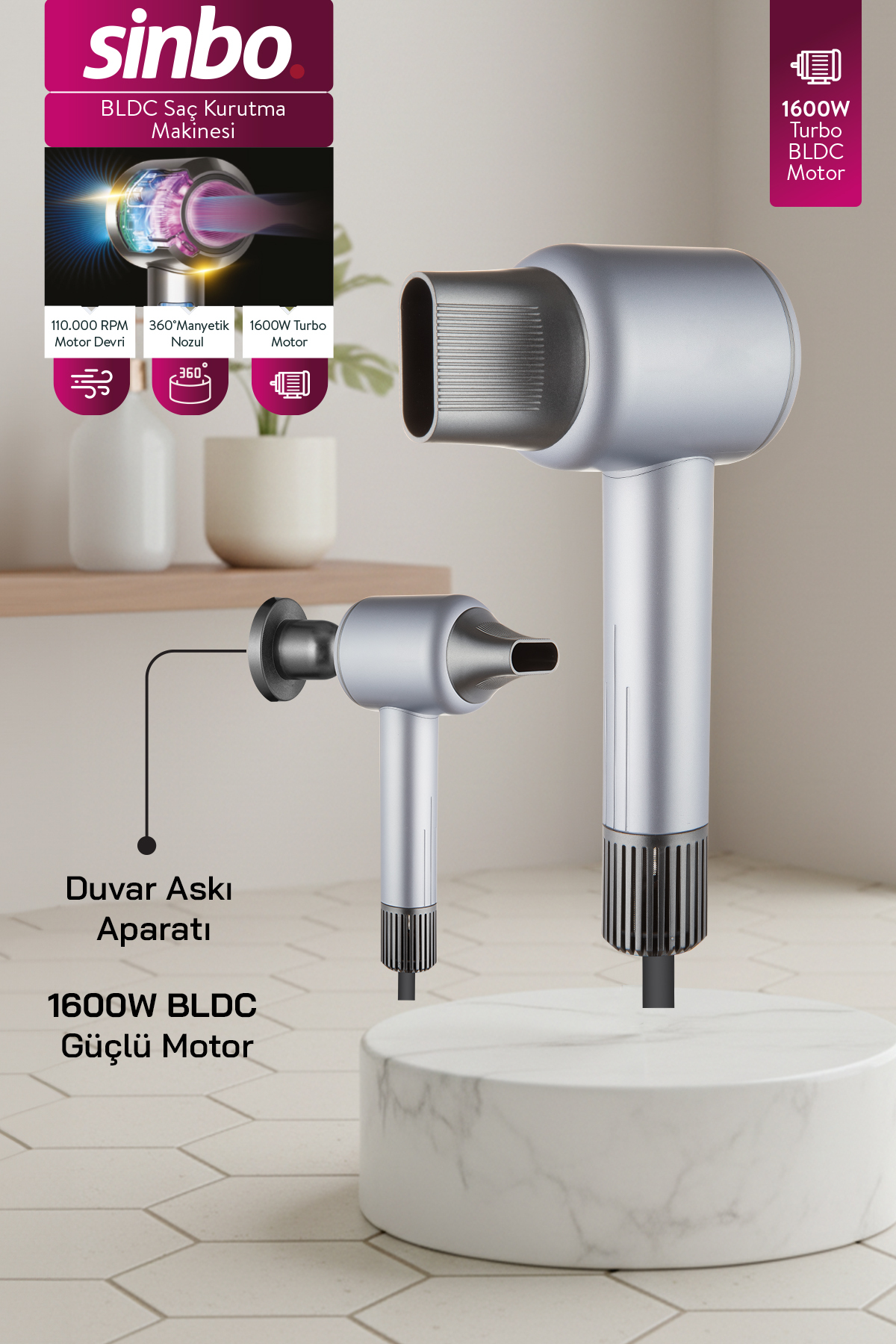 Sinbo SHD-1717 BLDC Saç Kurutma Makinesi - Mavi – 1600W, 3 Isı Ayarı, Manyetik Nozul - Fiyatı, Yorumları