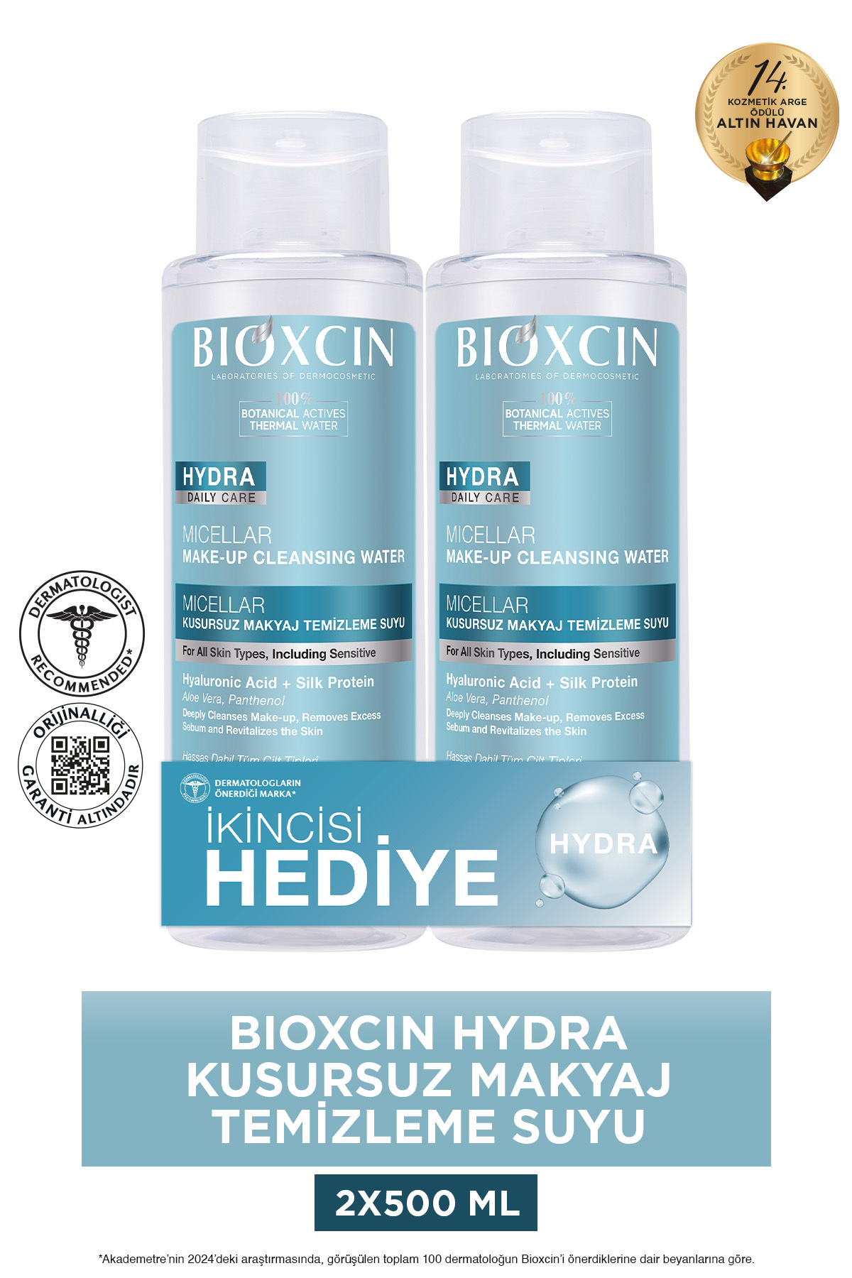 Bioxcin Hydra Micellar Makyaj Temizleme Suyu 500 ml, Hyaluronik Asit, AloeVera, Pantenol (1 Alana 1 Bedava)