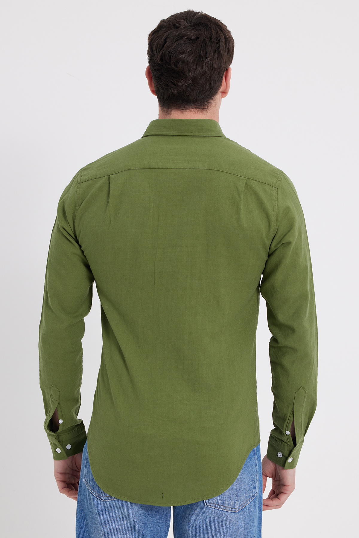 Tudors  Erkek Slim Fit Dar Kesim Uzun Kollu %100 Pamuk Keten Doku Düğmeli Yaka Haki Gömlek - Görsel 7
