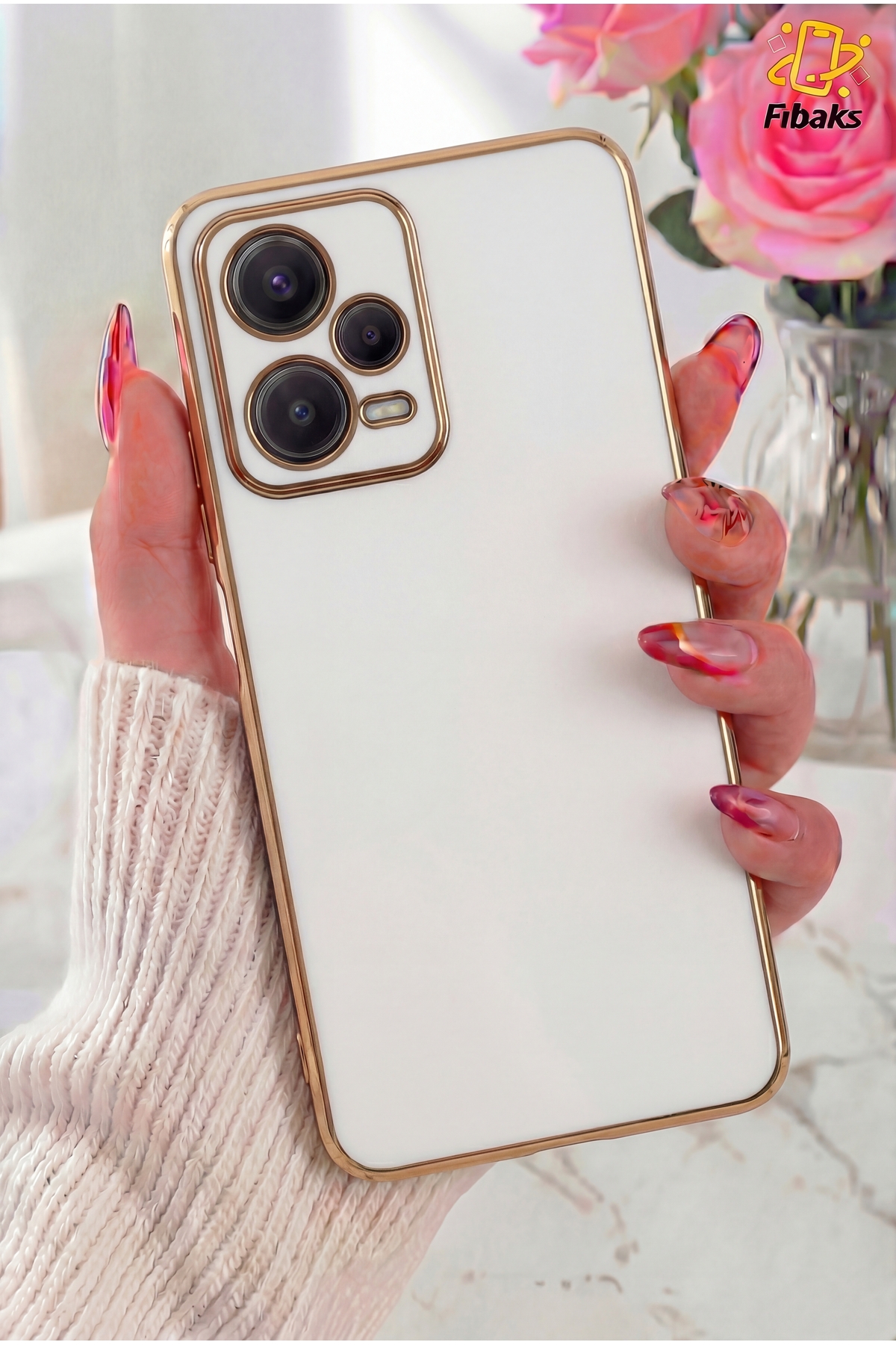 Redmi Note 12 Pro 5g Case Gold Embroidered Camera Shielded Cover with Bright Edge White