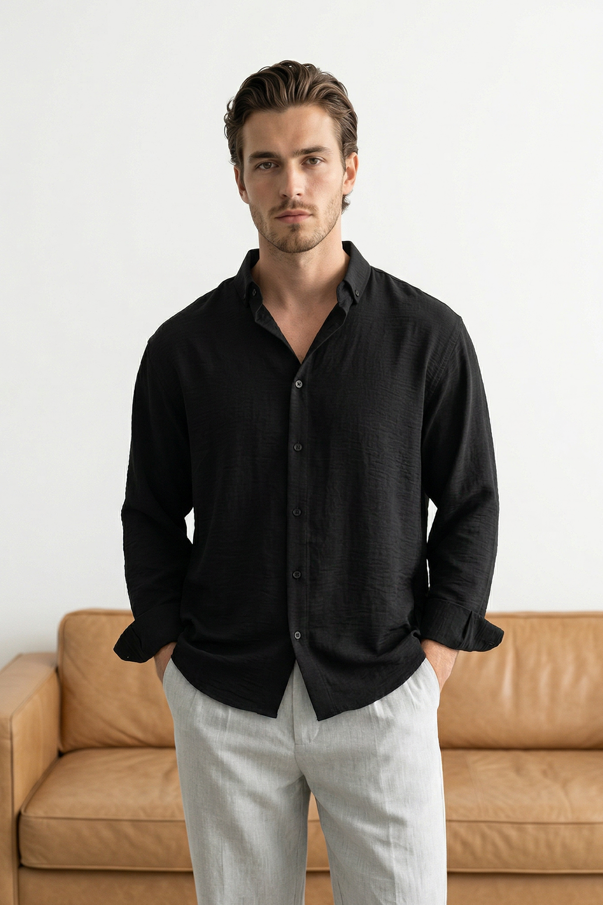 Trendyolmilla  Siyah Keten Dokulu Uzun Kollu Yarı Oversize Erkek Gömlek TMNSS26GO00036